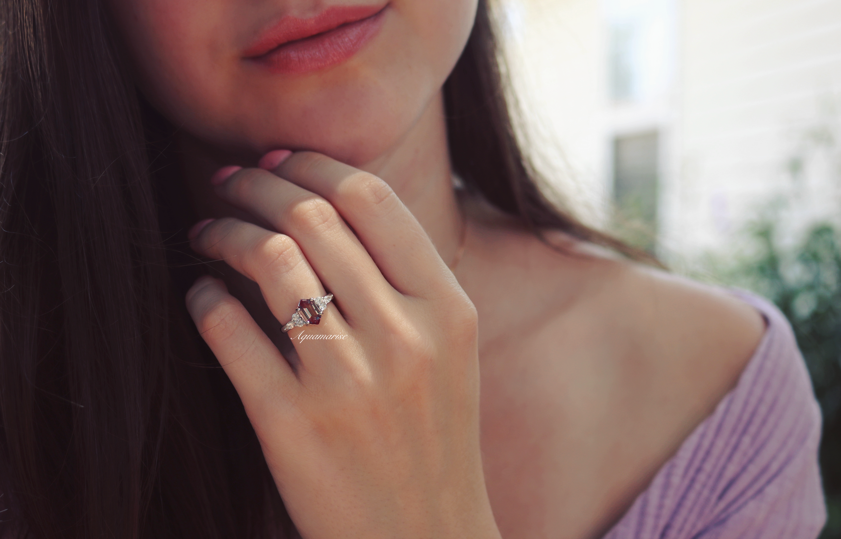 Sonnet Hexagon Teal & Purple Alexandrite Ring - Sterling Silver Jewelry for Women | Elegant Gift for Anniversary, Birthday & Special Occasions