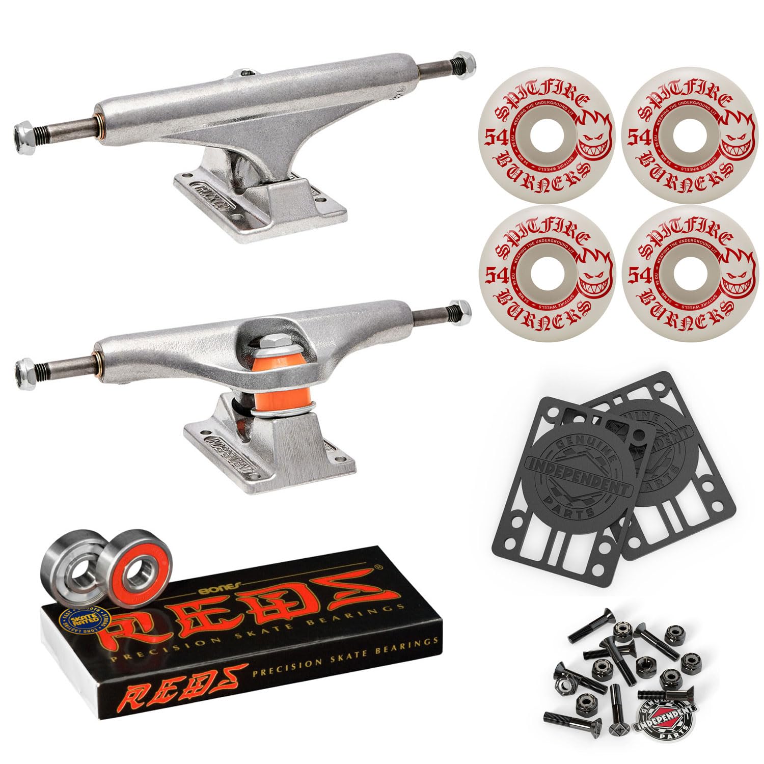 Independent Skateboard Trucks 139 Mid with 54mm Spitfire Burners Wheels & Bones Bearings - Perfect for Street Skating, Park Riding & Cruising