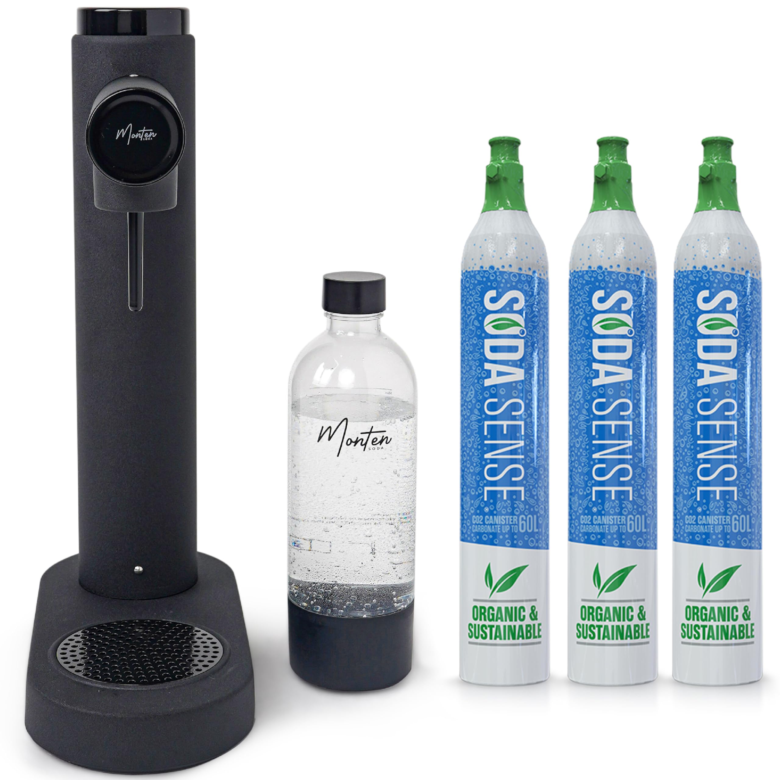 Premium Matte Black Sparkling Water Maker with 3 x 60L CO2 Cylinders & 900ML Reusable PET Bottle - Eco-Friendly Stainless Steel Soda Machine for Home, Office, or Parties - Create Healthy Carbonated Drinks Easily