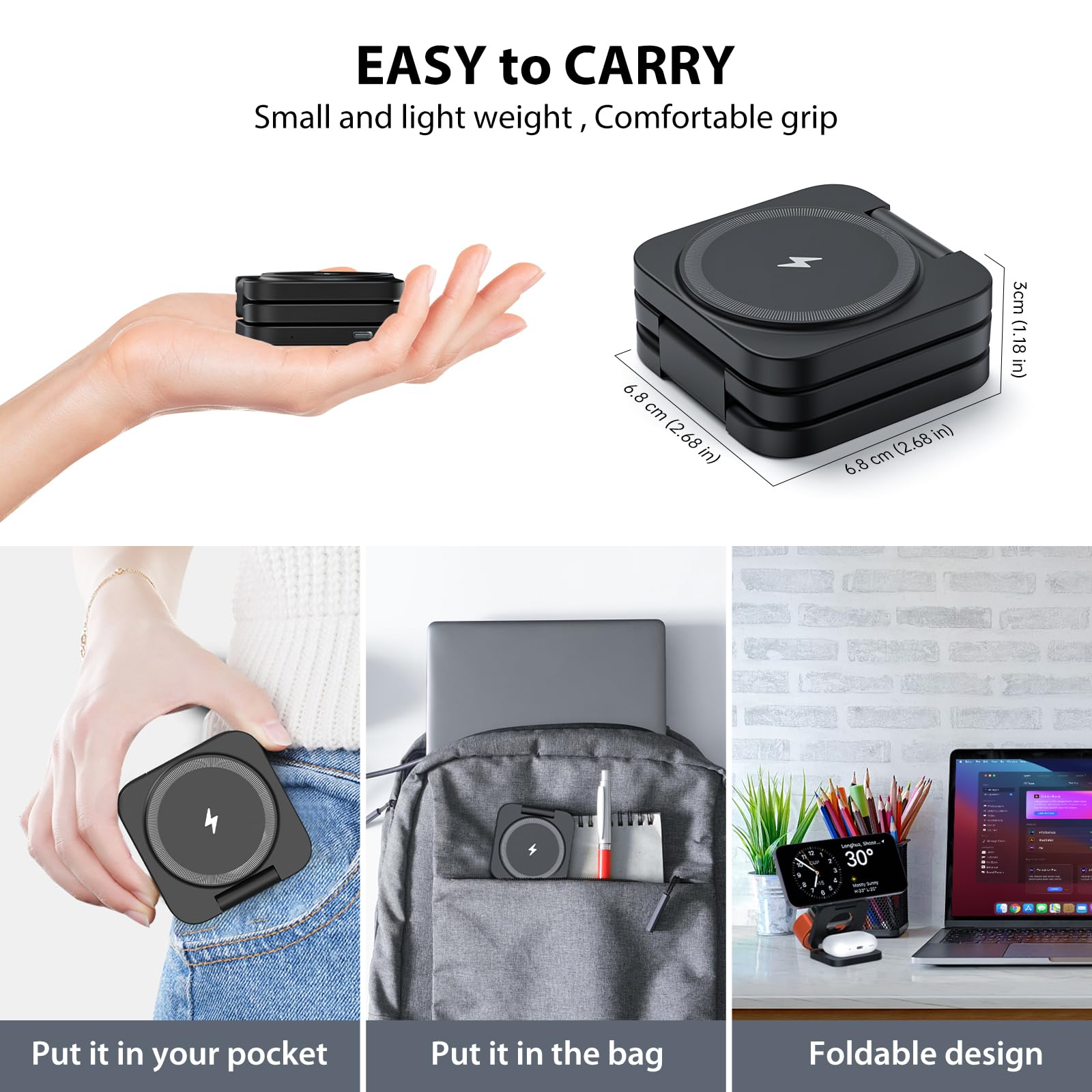 KU XIU X55 Foldable 3-in-1 Magnetic Wireless Charging Station - 15W Fast Charger for iPhone 16/15/14/13/12 Series, 5W for Apple Watch & AirPods - Portable Travel Charger Stand (Black) | Perfect for Home, Office & Travel Use