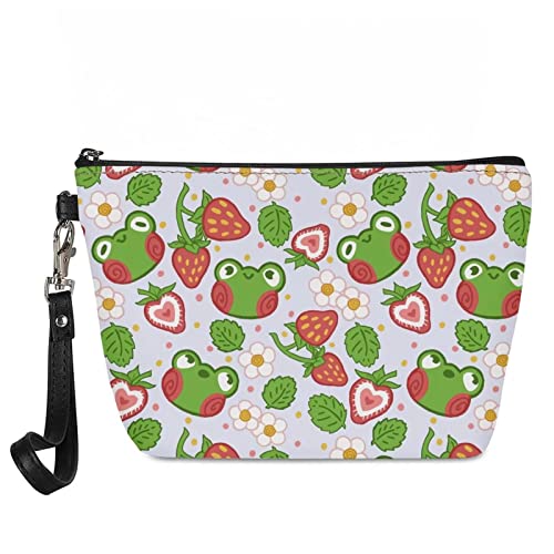Stylish Frog & Strawberry Makeup Bag for Women - Portable Travel Cosmetic Organizer with Removable Handle, Toiletry Pouch & Clutch Purse (Green) | Perfect for Teens, Travel Essentials & Daily Beauty Storage