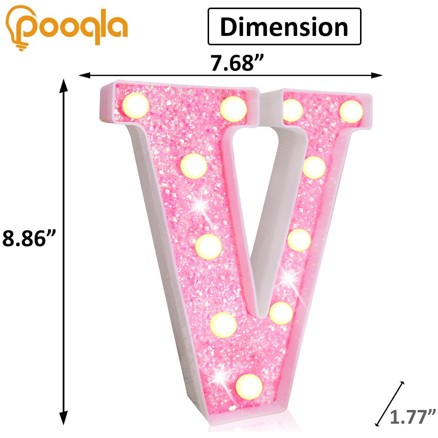 Pooqla LED Marquee Letter Lights - Pink Glitter Alphabet Sign with Battery Power for Night Light, Birthday Party, Wedding, Girls Gifts, Home Bar & Christmas Decoration - Perfect for Bedroom, Nursery, Photo Booth & Event Backdrop (Letter V)