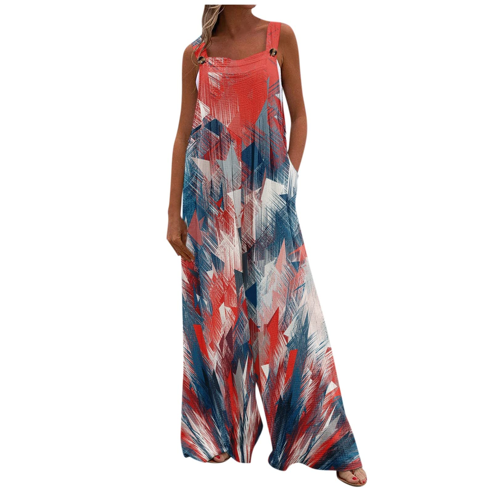 Women's Linen Jumpsuit with Side Pockets - Flowy Summer Romper with Print Design, Non-Adjustable Straps (Sizes S-2XL) | Perfect for Beach Vacations, Casual Outings & Summer Parties