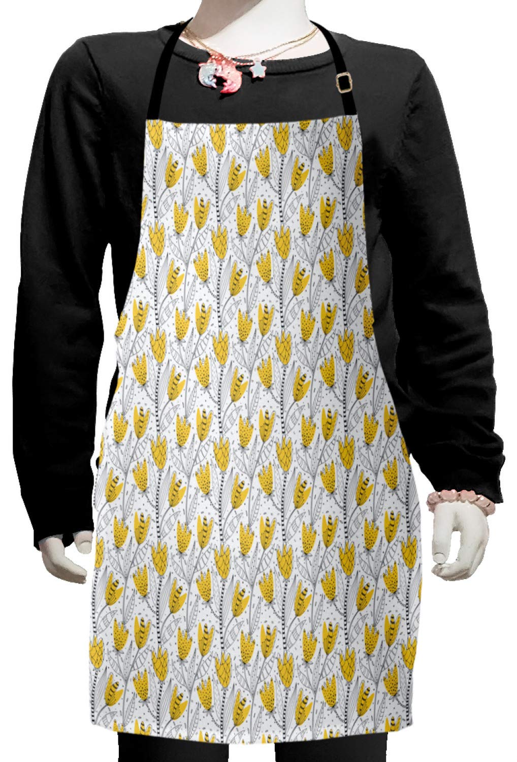 Ambesonne Floral Apron - Adjustable Tulip Petal Hand-Drawn Sketch Design for Baking, Painting & Cooking - Small Size Mustard & Dark Night Blue Kitchen Apron - Perfect for Home Chefs, Artists & DIY Enthusiasts