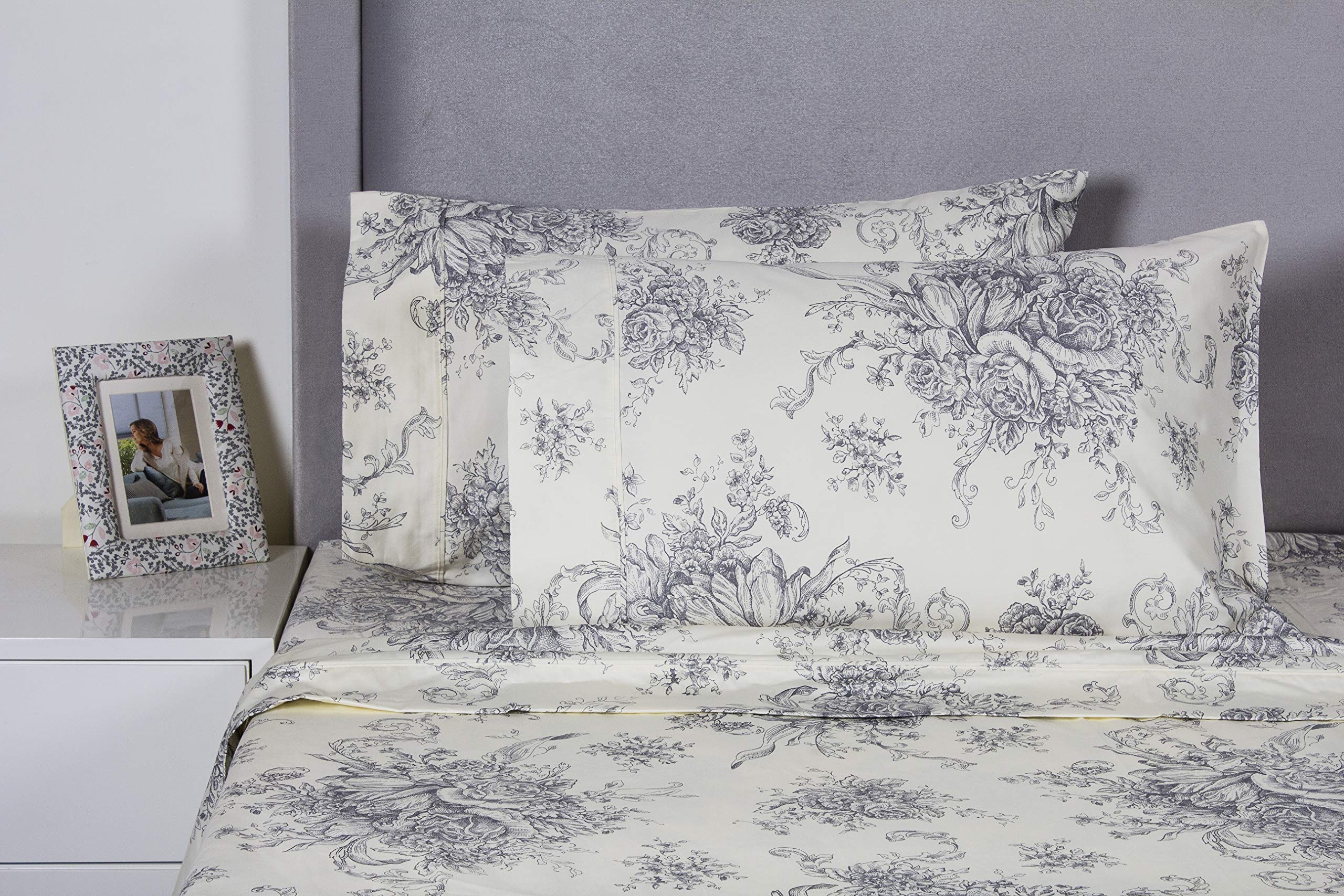 Premium Mélange Home 190348 Full Size Grey Toile Sheet Set - Soft & Breathable Bedding for Cozy Nights & Guest Room Comfort