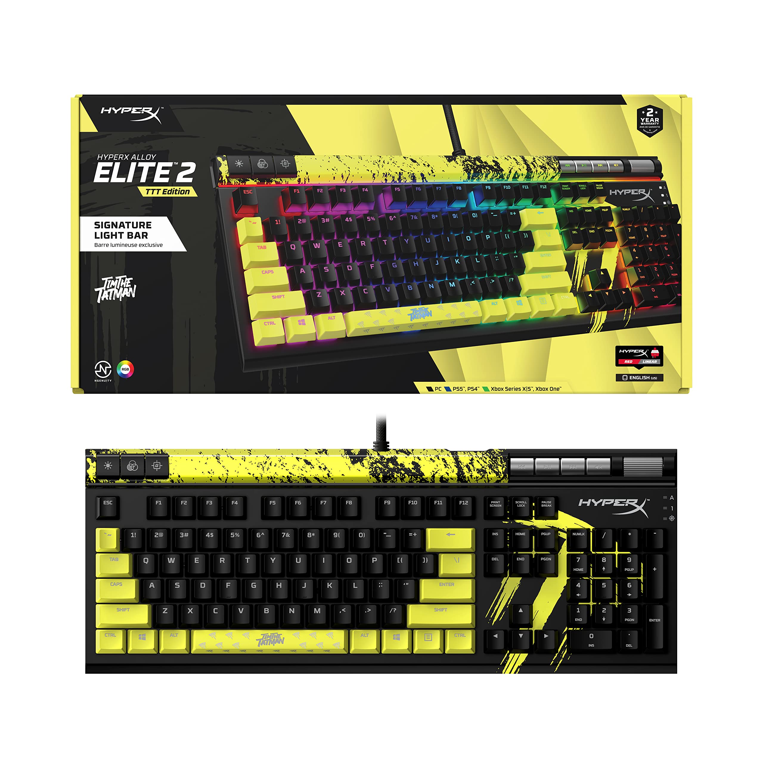 HyperX Alloy Elite 2 Mechanical Gaming Keyboard - TimTheTatMan Edition with RGB Backlit, Software-Controlled Lighting & Macro Customization, ABS Pudding Keycaps, Media Controls - HyperX Linear Red Switches - Perfect for Esports, Streaming & Professional Gaming