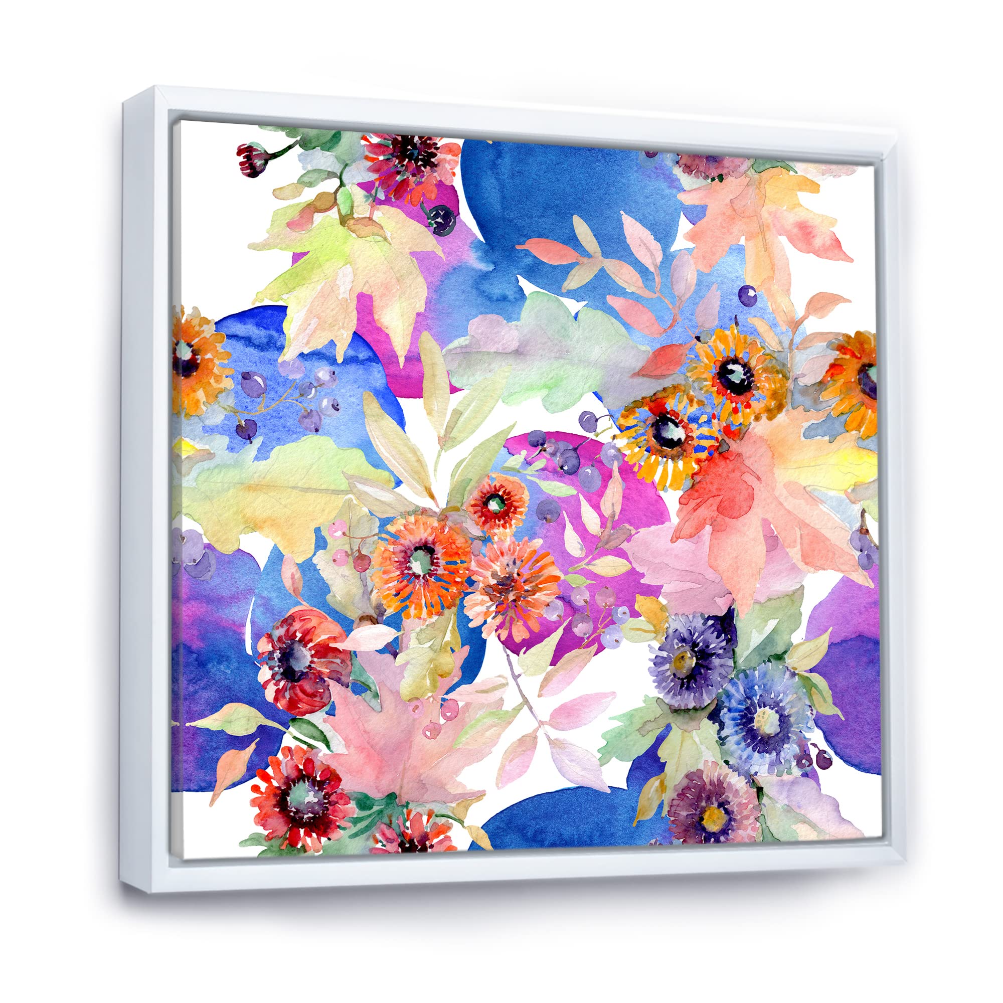 DesignQ Vibrant Wild Spring Leaves & Wildflowers IV - Modern Framed Canvas Wall Art Print for Living Room, Bedroom & Office Decor
