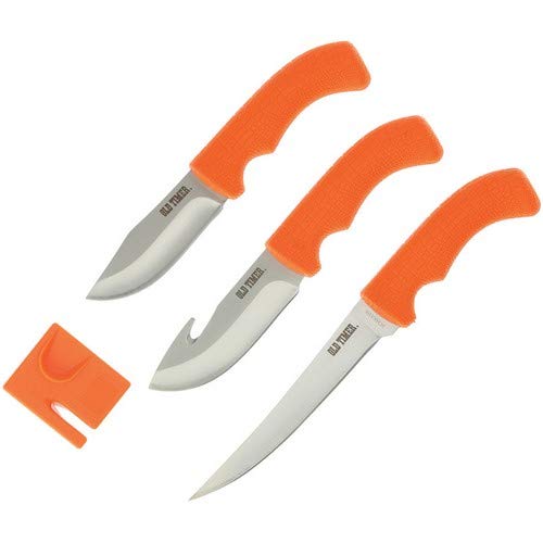 Old Timer 4-Piece Knife Set - 3 Stainless Steel Knives with Drop Point, Boning & Gut Hook + Sharpener - Perfect for Hunting, Camping & Outdoor Adventures