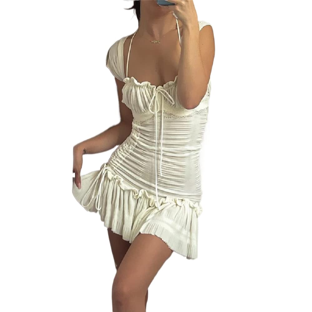 ZZEVOLSS Women's Ruffle Ruched Bodycon Mini Dress - Tie Front Square Neck Short Dress, Y2K Fairy A-Line Dress with Drawstring | Perfect for Parties, Date Night & Summer Outfits