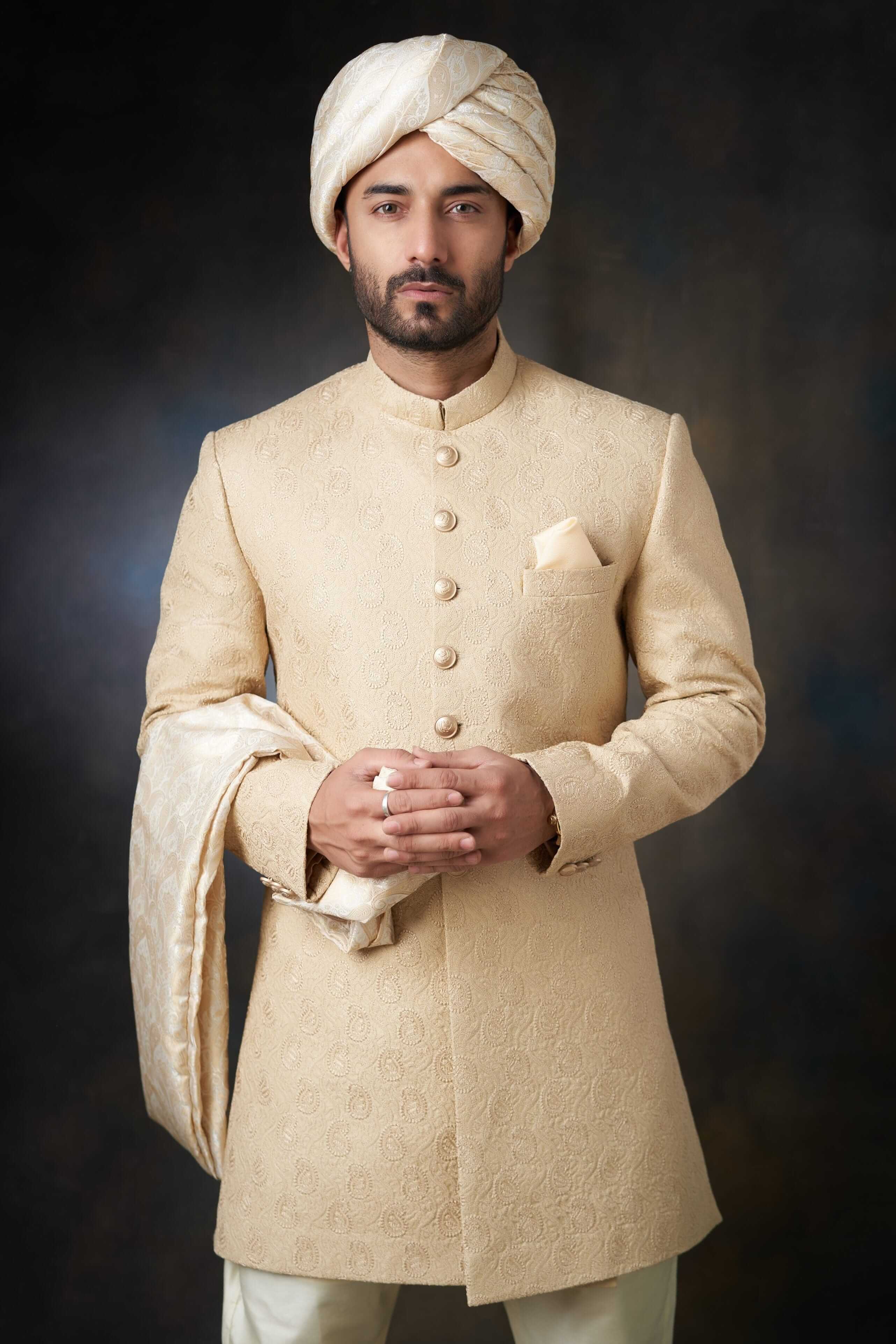 Luxury Gold Paisley Raw Silk Sherwani for Men with Custom AI Signature Buttons - Perfect for Weddings, Indian Festivals & Special Occasions