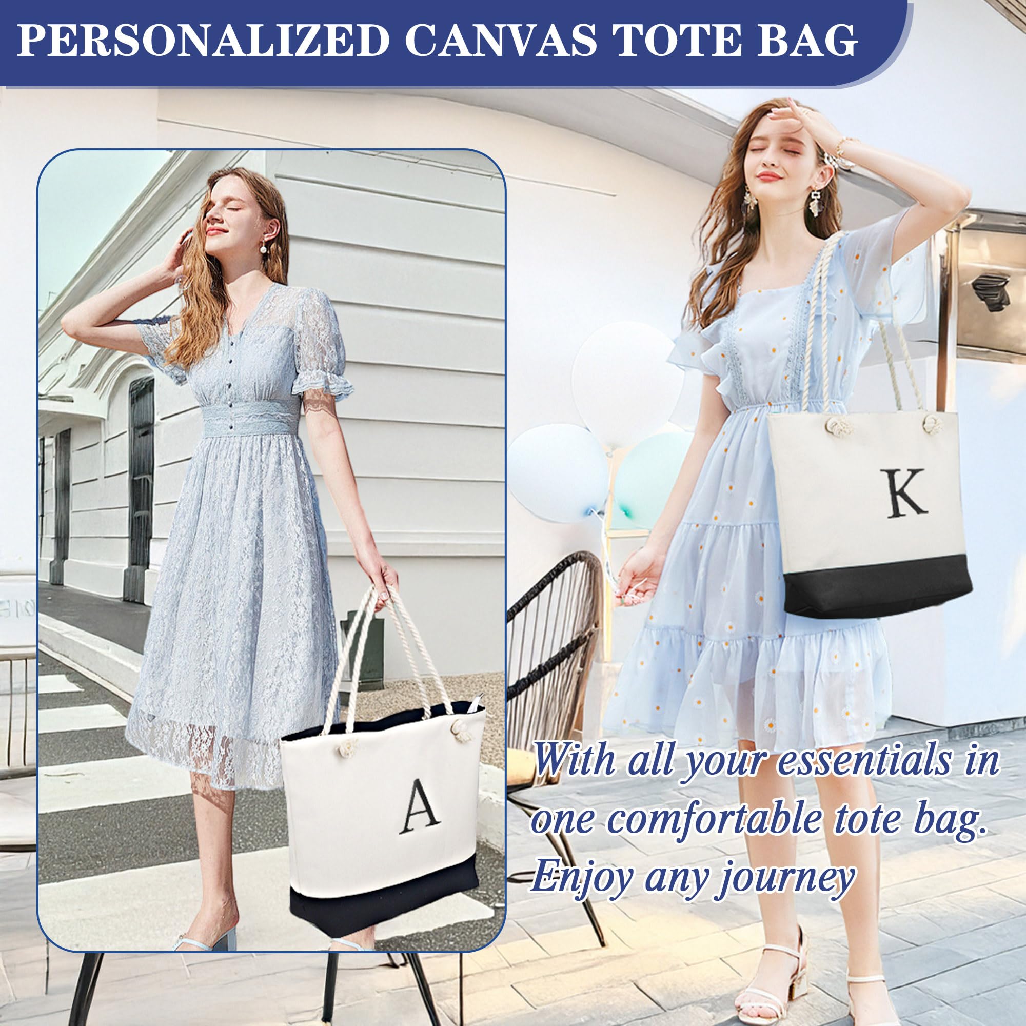 YOOLIFE Personalized Initial Canvas Tote Bag & Makeup Bag Set - Christmas Birthday Gifts for Women, Mom, Teacher, Friend | Trendy Reusable Shopping & Cosmetic Storage for Daily Use, Work, Travel