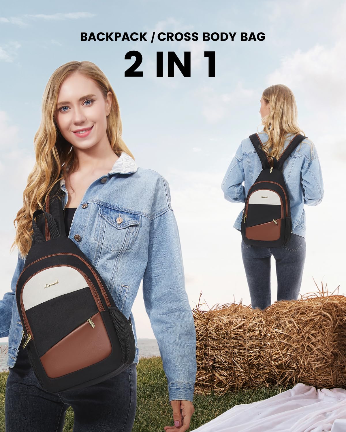 LOVEVOOK Women's Sling Backpack - Water-resistant Crossbody Bag for Hiking, Travel & Diaper Storage in Black/Brown/Beige