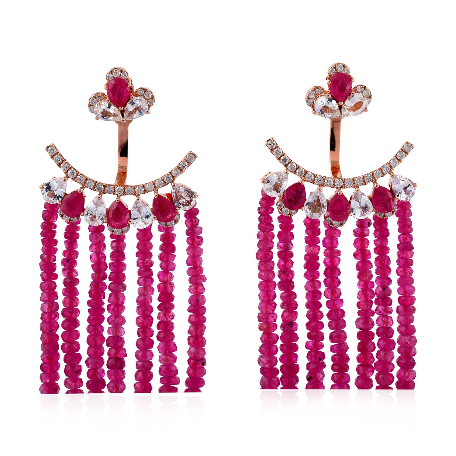 Faceted Ruby Beads Prong Rose Cut Diamond July Birthstone Chandelier Ear Jacket in Rose Gold - Elegant Jewelry for Weddings, Parties & Special Occasions