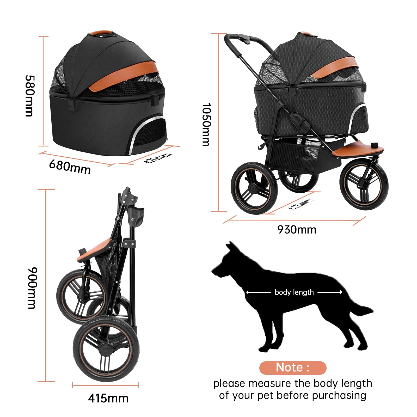 Premium 3-in-1 Pet Stroller for Small & Medium Dogs - Lightweight 3-Wheel Jogger with Detachable Carrier, Storage Basket & One-Button Fold - Perfect for Walking, Jogging, Vet Visits & Outdoor Adventures (Black)