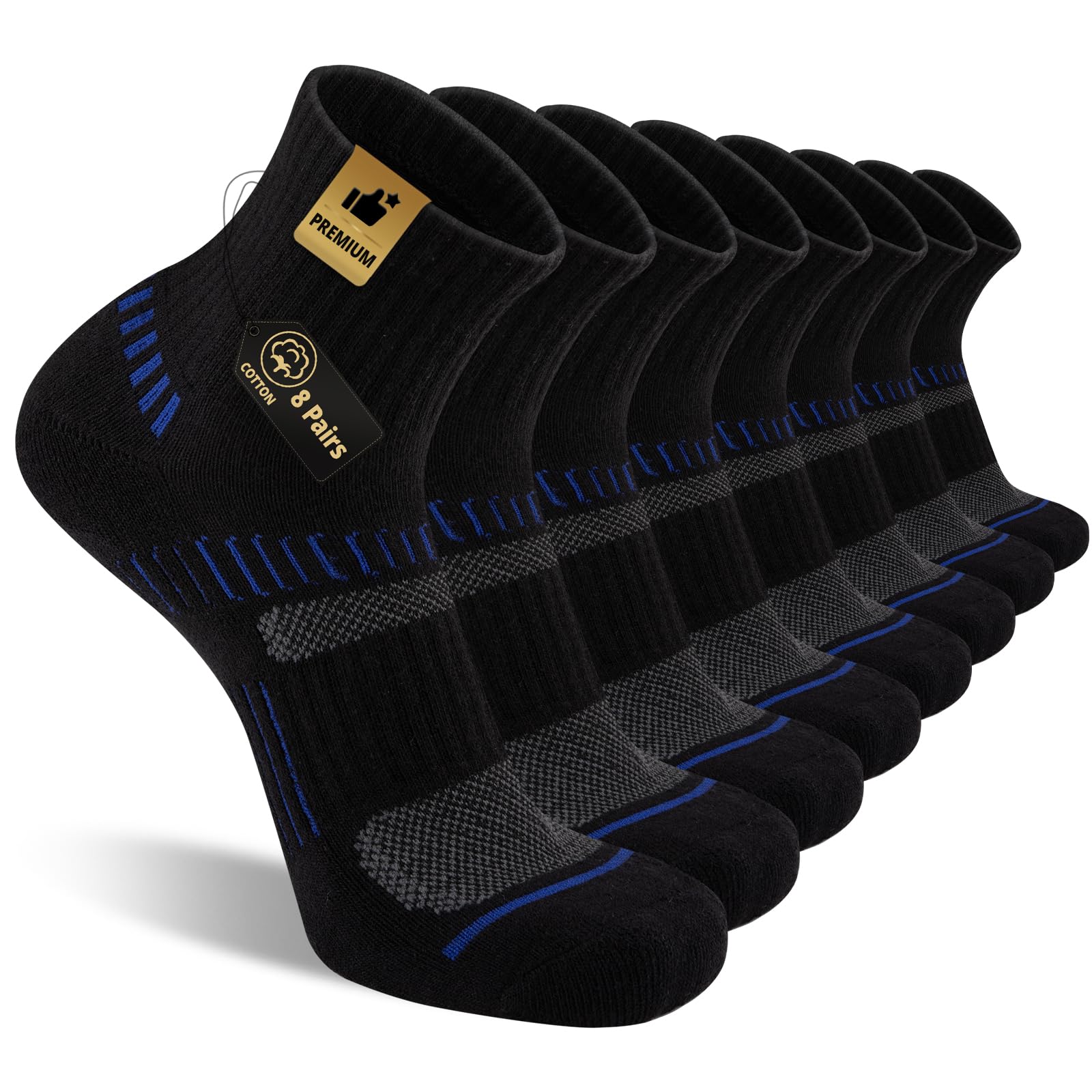COOPLUS 8 Pairs Men's Athletic Ankle Socks - Breathable Cushioned Cotton Running Socks for Sports & Workout - Perfect for Gym, Jogging, and Daily Wear
