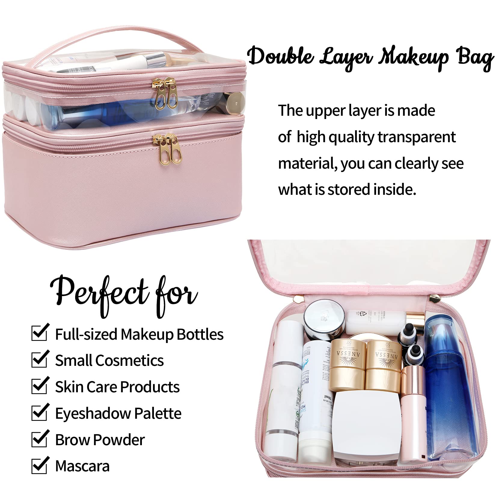 Premium Leather Makeup Bag for Women - Double Layer Large Cosmetic Organizer with Travel Essentials, Dorm Room Toiletry Bag - Perfect for Travel, Daily Use & Valentine's Day Gifts for Her/Wife