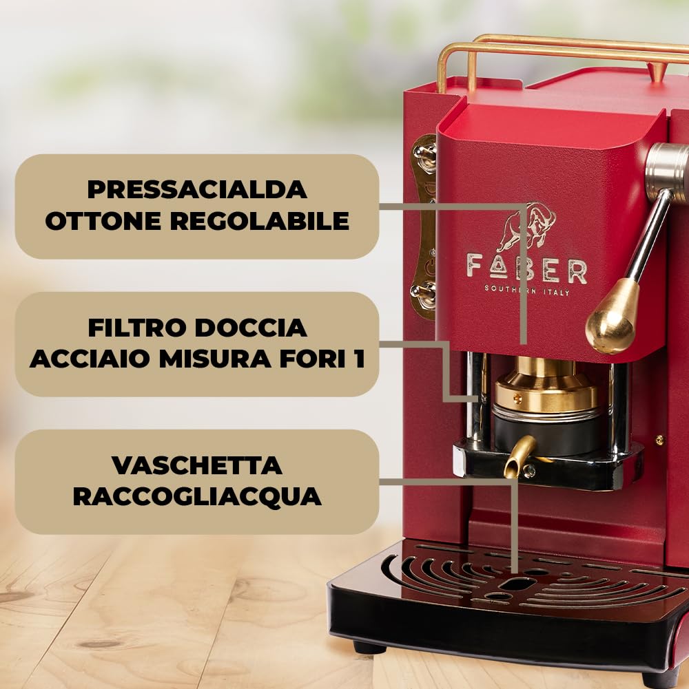 FABER Pro Mini Deluxe Coffee Machine | 44mm Single Serve Espresso Maker | Adjustable Brass Portafilter | Cherry Red | Perfect for Home & Office Use