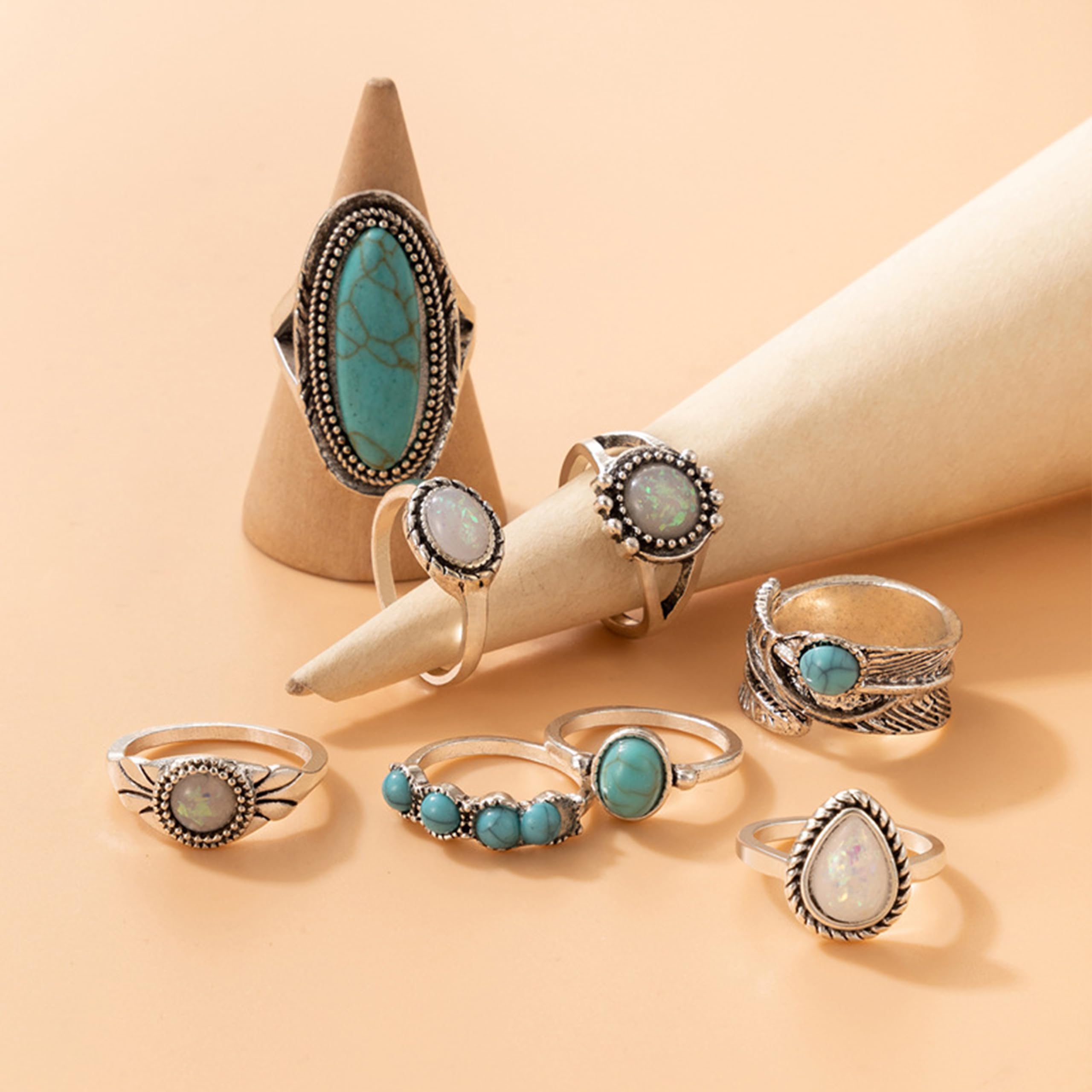 Harry and Henry Turquoise Ring Set - Vintage Western Jewelry for Women, Boho Stackable Knuckle Rings, Trendy Gemstone Jewelry | Perfect for Casual Wear, Music Festivals & Boho Fashion