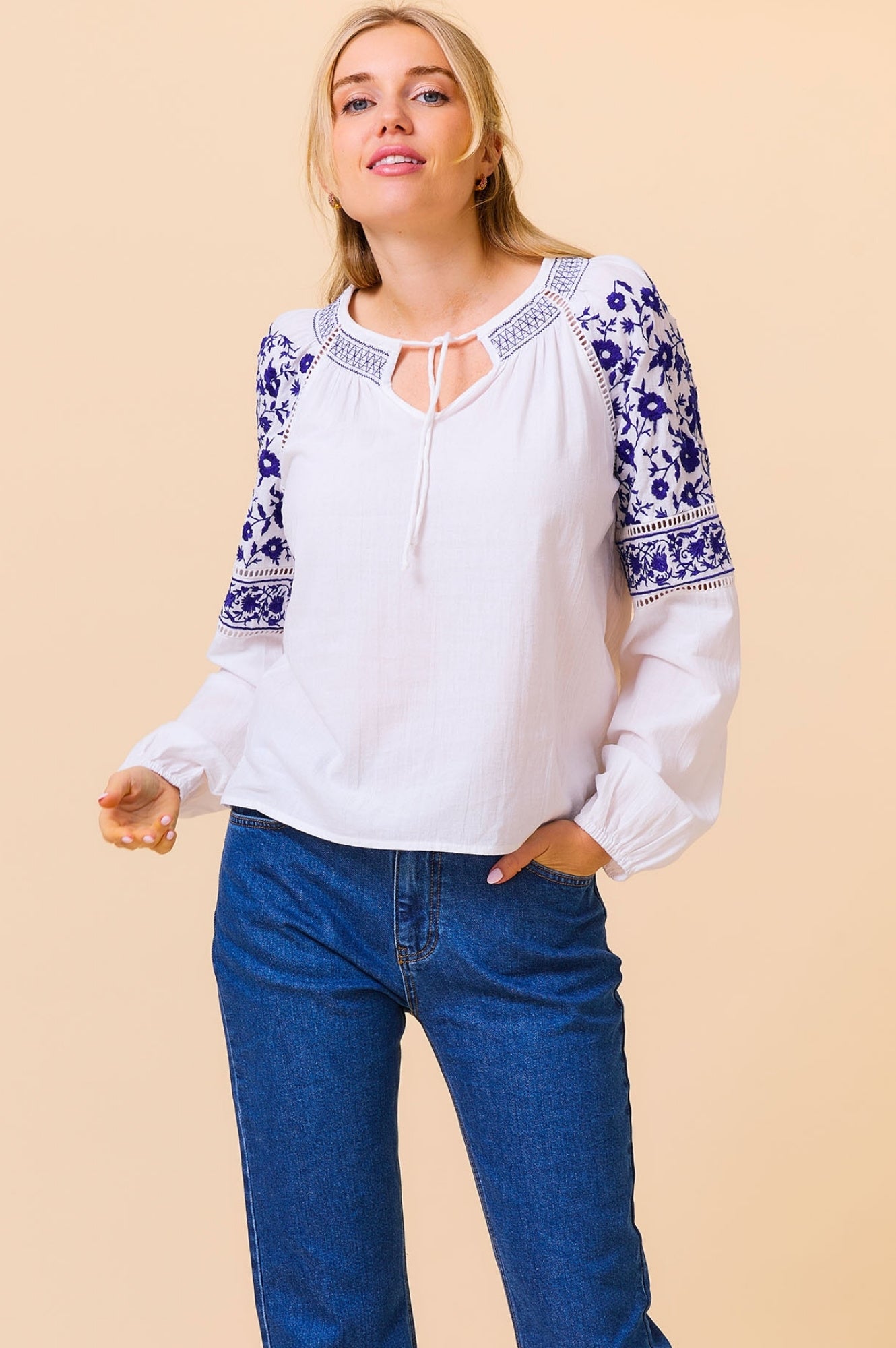 Ida Embroidered Top for Women - White & Cobalt Blue Floral Blouse | Perfect for Casual Wear, Office Outfits & Summer Fashion