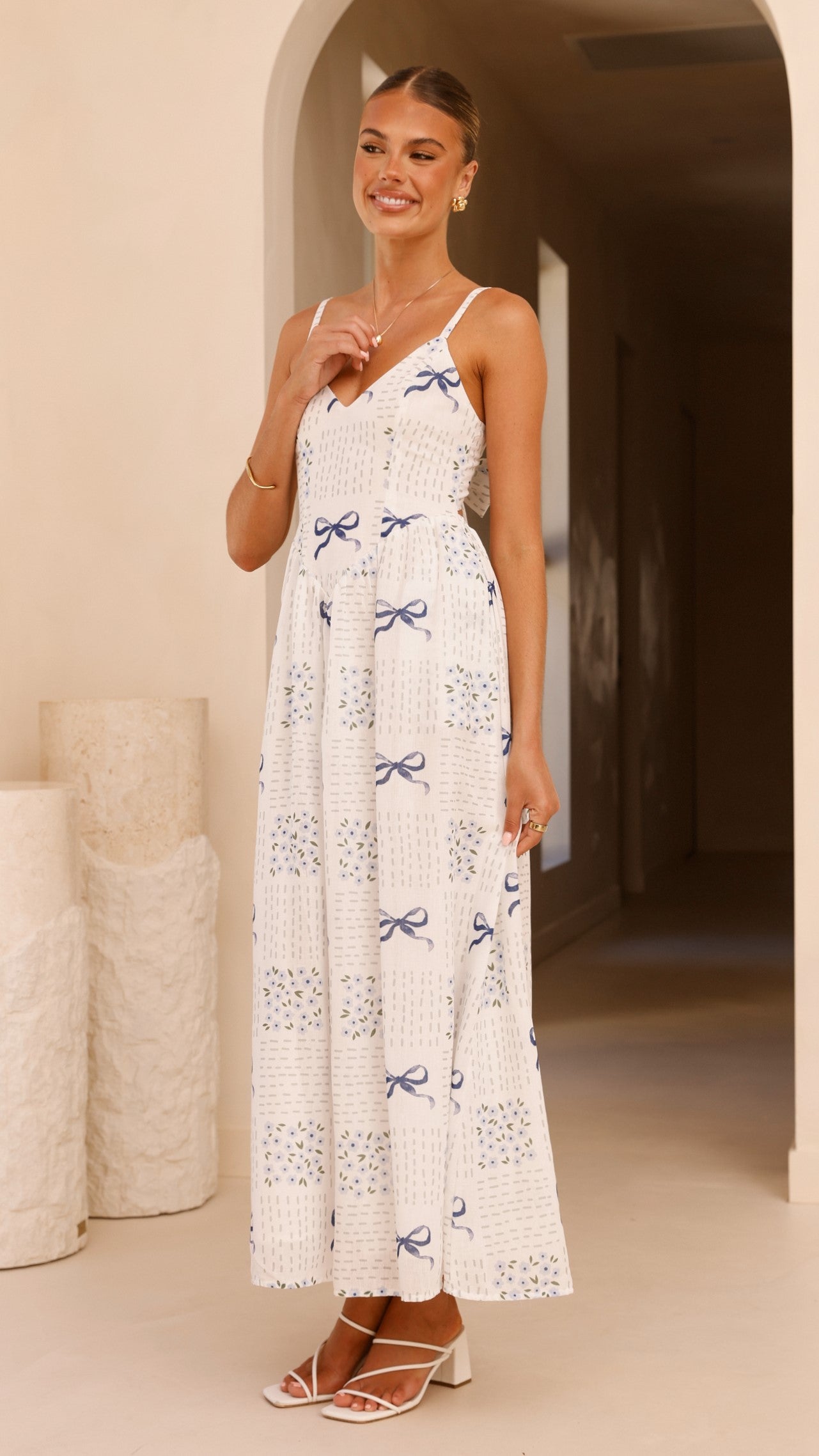 Georgina Maxi Dress with Sweet Bow - Elegant Blue Flowy Long Dress for Women | Perfect for Summer Beach, Wedding Guest & Special Occasions