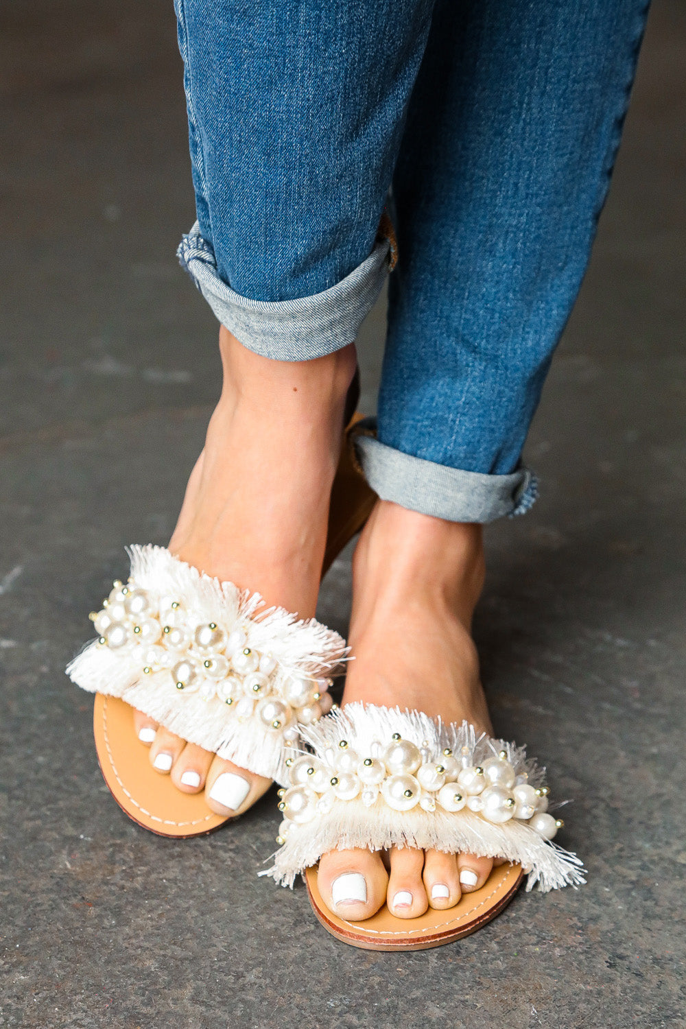 Ivory Linen Slide Sandals with Beaded Faux Pearl Accents - Elegant Summer Beach Wedding Shoes for Women
