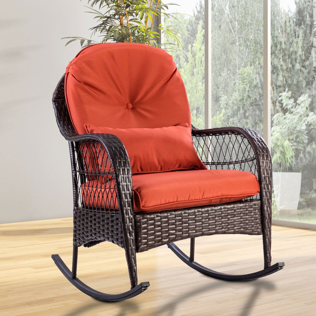 AlphaBaby Patio Rattan Wicker Rocking Chair with Cushion - Outdoor Porch, Deck & Garden Rocker Furniture for Relaxing & Lounging