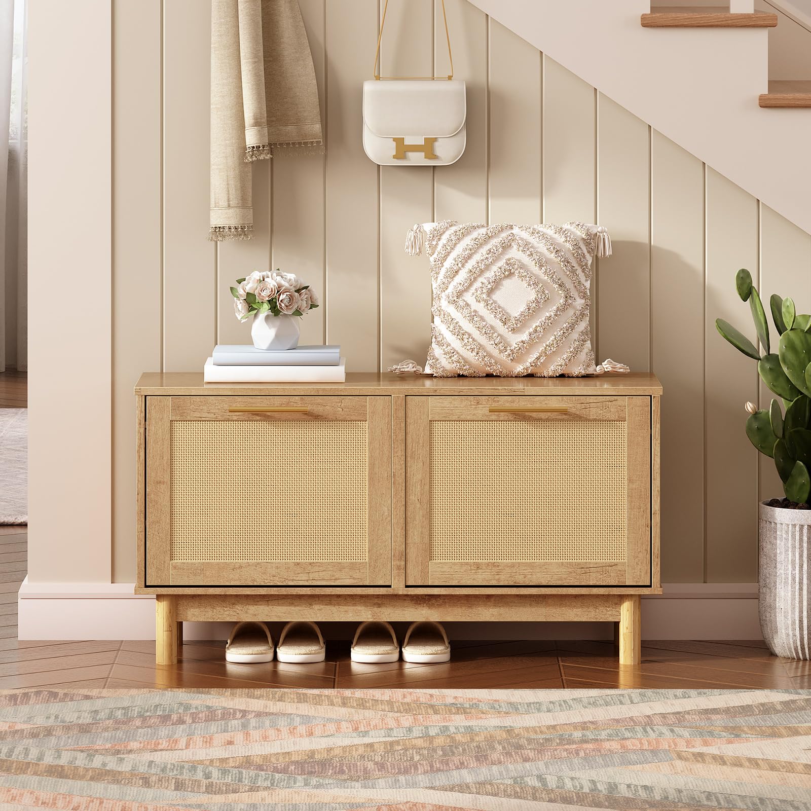 HOOBRO Shoe Storage Bench with Flip Drawers - Rattan-Like Entryway Shoe Rack & Cabinet - Narrow Wooden Shoe Organizer for Hallway, Living Room & Bedroom - Natural Finish NL51HX01