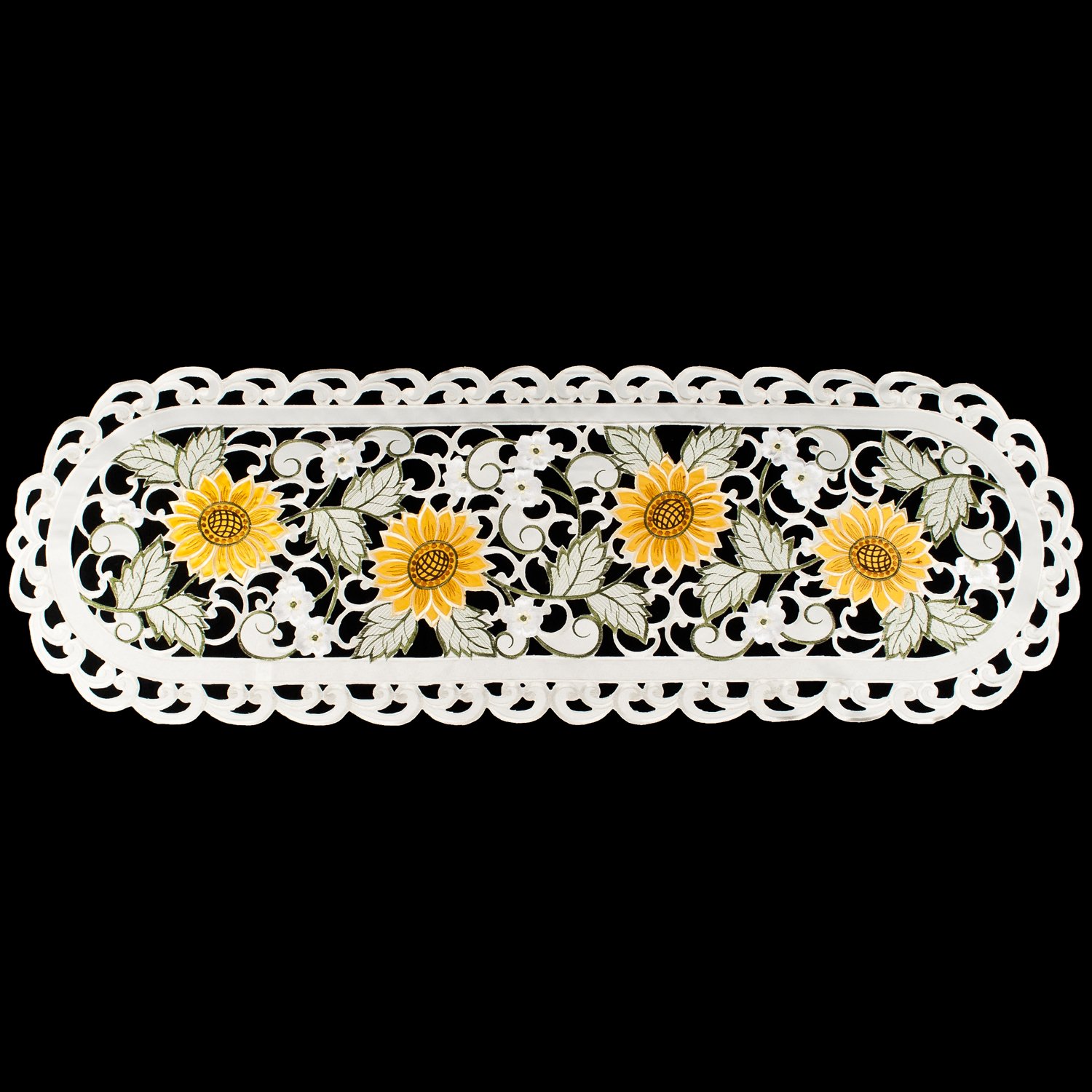 Embroidered Open Weave Sunflower & White Daisy Ivory Table Runner (16x54 inches) - Elegant Dresser Scarf for Dining Table Decor, Wedding Centerpiece & Farmhouse Style Home Decor