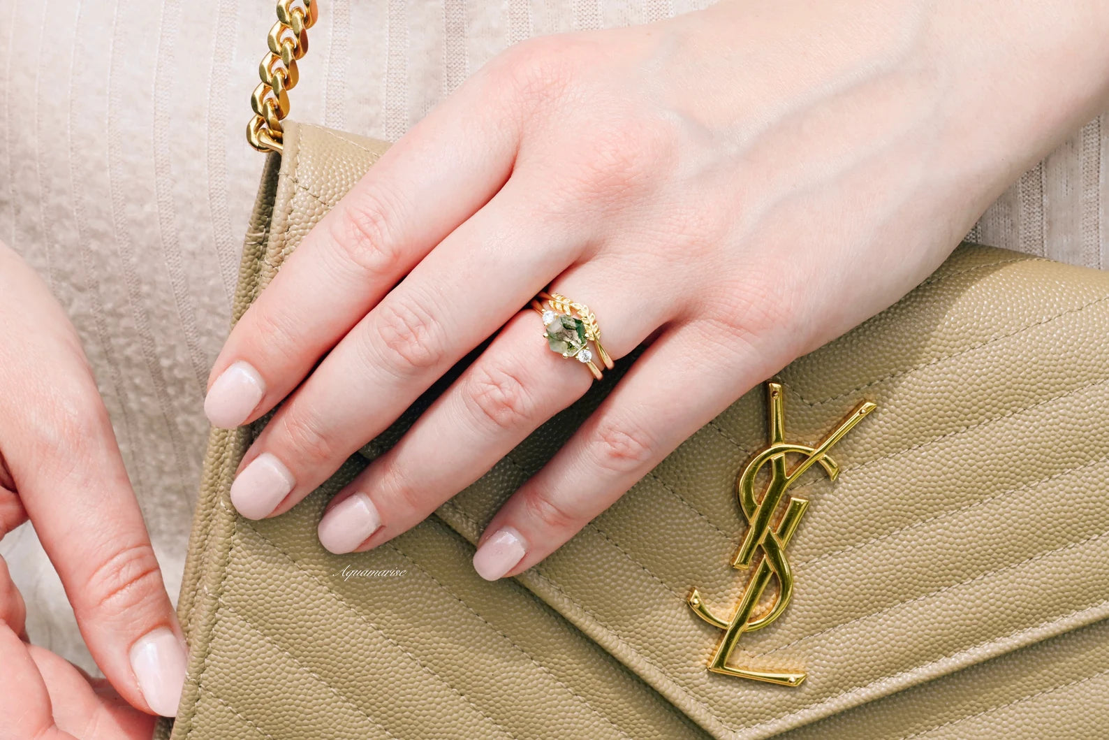 Natural Moss Agate Fairy Leaf Ring Set - 14K Yellow Gold Vermeil Stackable Rings for Women, Nature-Inspired Jewelry for Boho Style & Everyday Wear