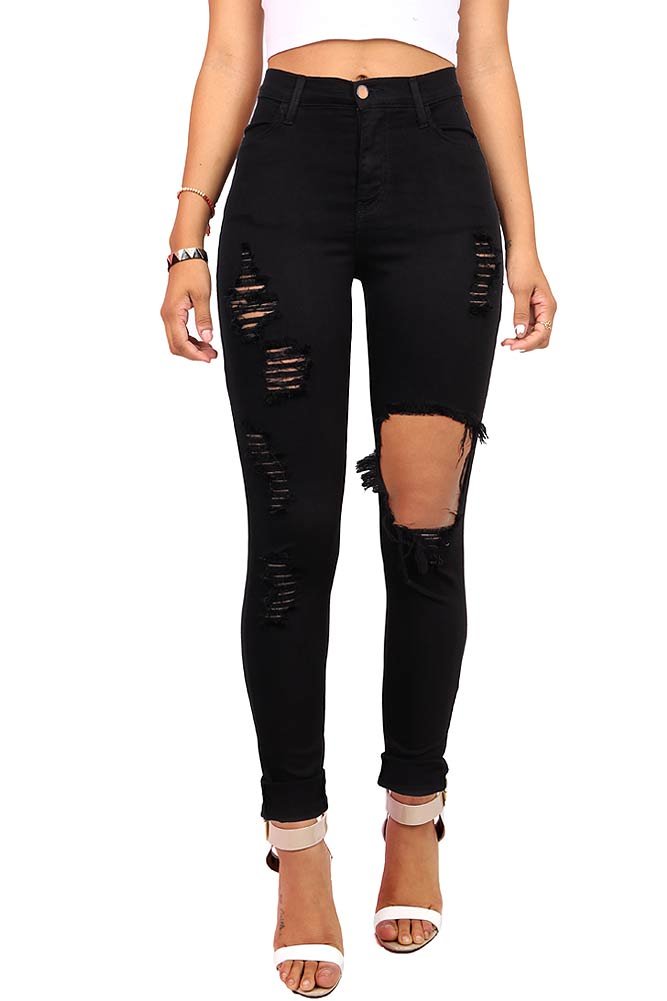 Trendy Women's Ripped High Rise Skinny Jeans - Stretch Denim Pants for Casual Outfits & Street Style Fashion