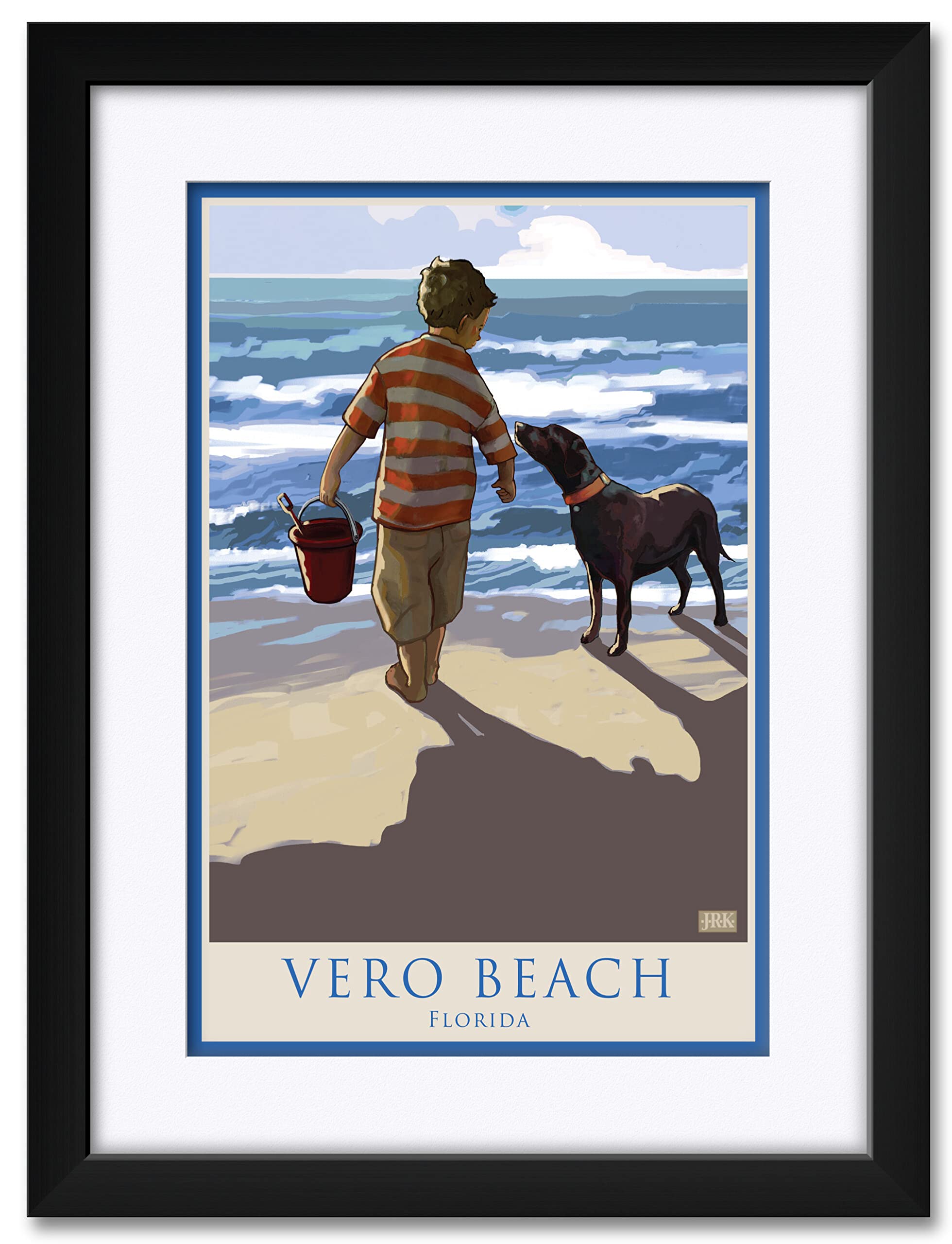 Vero Beach Florida Coastal Art Print - Boy & Dog Beach Painting by Joanne Kollman - Professionally Framed 18x24 Inch Wall Decor - Perfect for Living Room, Bedroom or Beach House Decor