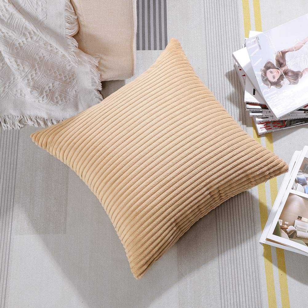 Artscope Cozy Striped Corduroy Pillow Covers 18x18 Inches - Super Soft Decorative Square Throw Pillow Cases for Sofa, Couch, Bed & Car - Khaki Home Decor | Perfect for Living Room, Nursery & Office