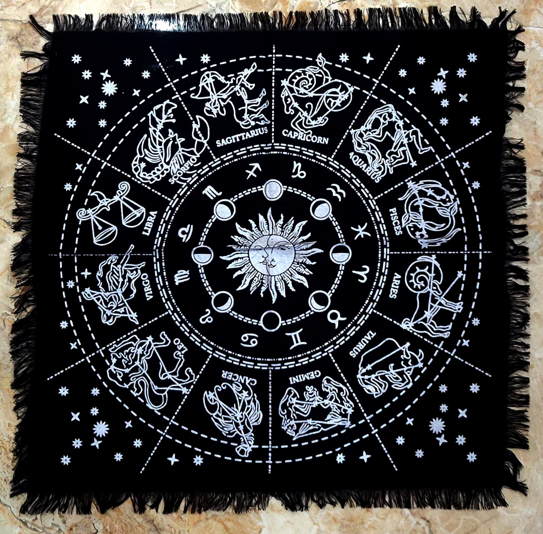 INDACORIFY Silver Zodiac Constellation Altar Cloth 18x18 Inch - Esoteric Tarot Spread Cloth with Fringes for Witchcraft, Divination & Spiritual Rituals | Perfect for Altar Decor, Crystal Charging & Sacred Space Creation