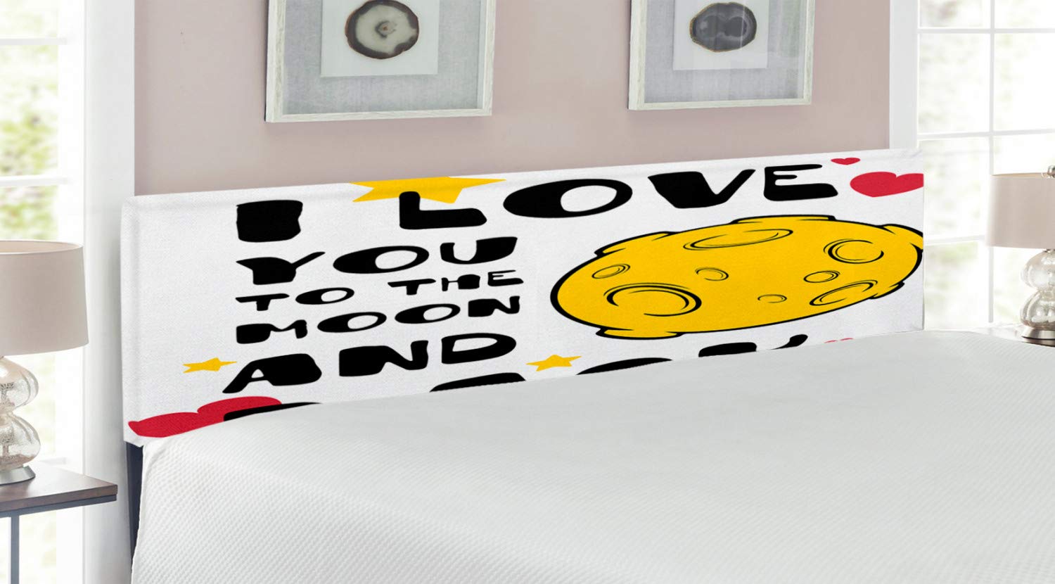 Ambesonne I Love You Upholstered Headboard - King Size Moon Surface Print with Memory Foam for Bedroom Decor | Romantic Galactic Design in Yellow, Black & Red | Perfect for Couples, Valentine's Gift & Space-Themed Bedrooms