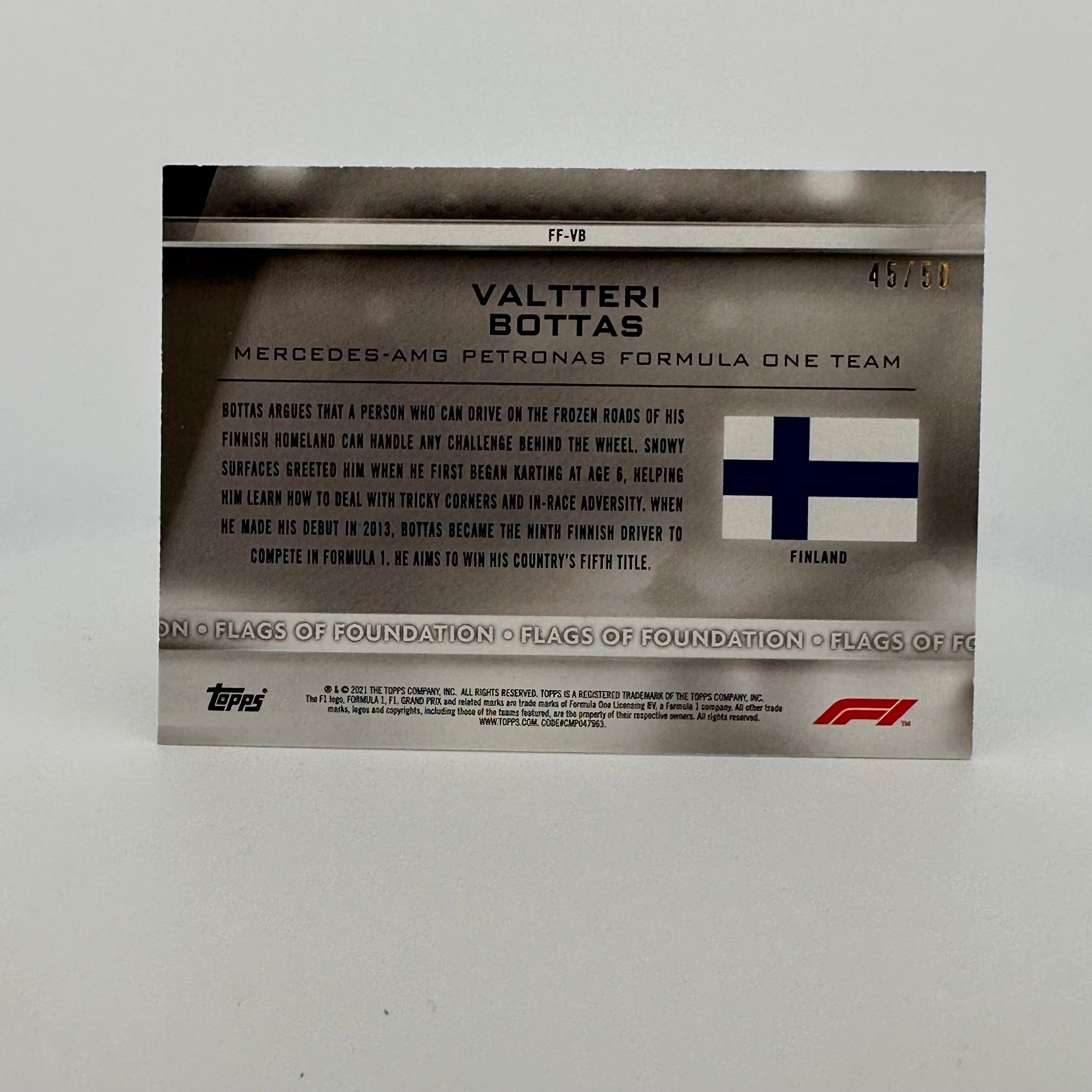 45/50 Gold Valteri Bottas #FF VB Flags Of Foundation - Limited Edition Collectible for F1 Racing Fans & Memorabilia Display