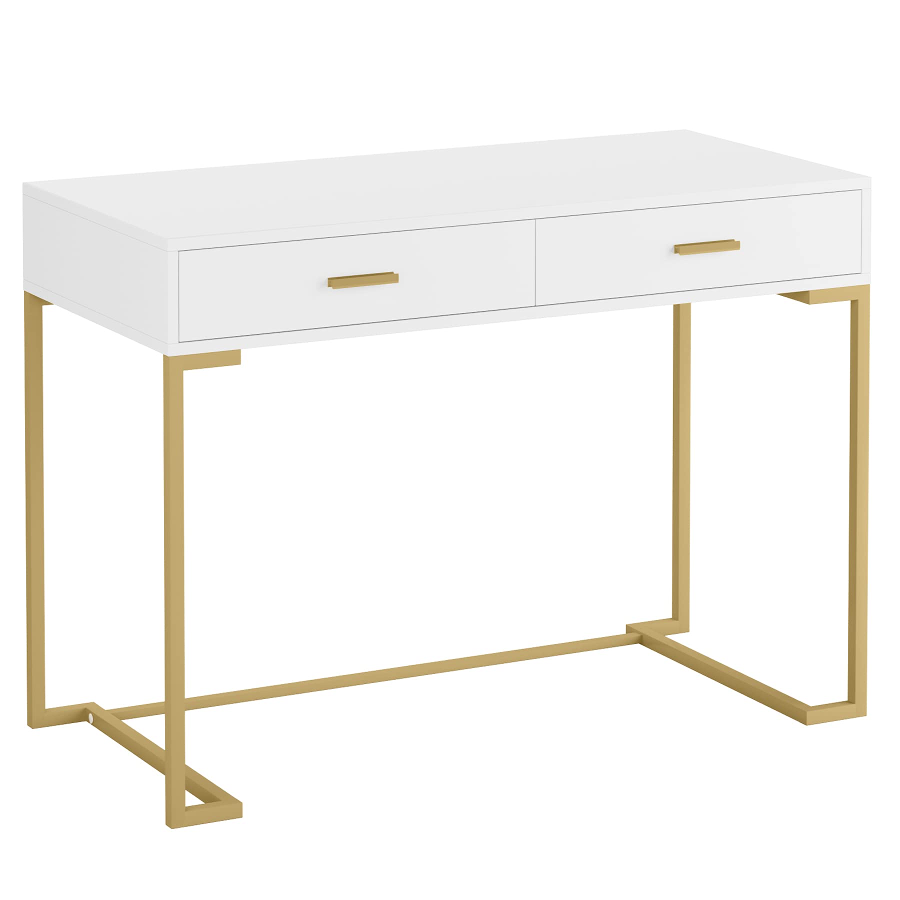 Modern White & Gold Computer Desk with 2 Drawers - Simple Writing Desk for Home Office, Study & Workspace - Compact Workstation for Small Spaces & Dorm Rooms