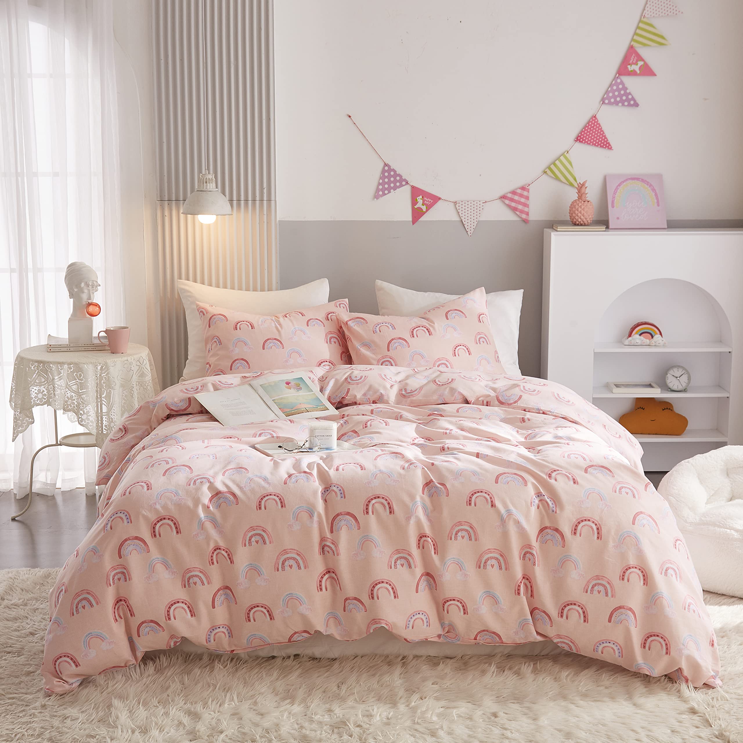Ivellow Twin Duvet Cover Set - 100% Cotton Rainbow Pink Kawaii Bedding for Girls | Ultra Soft & Breathable 3-Piece Kids Comforter Cover with Cute Cartoon Pattern | Perfect for Toddler, Teen & Kids' Bedrooms, Sleepovers & Nursery Decor