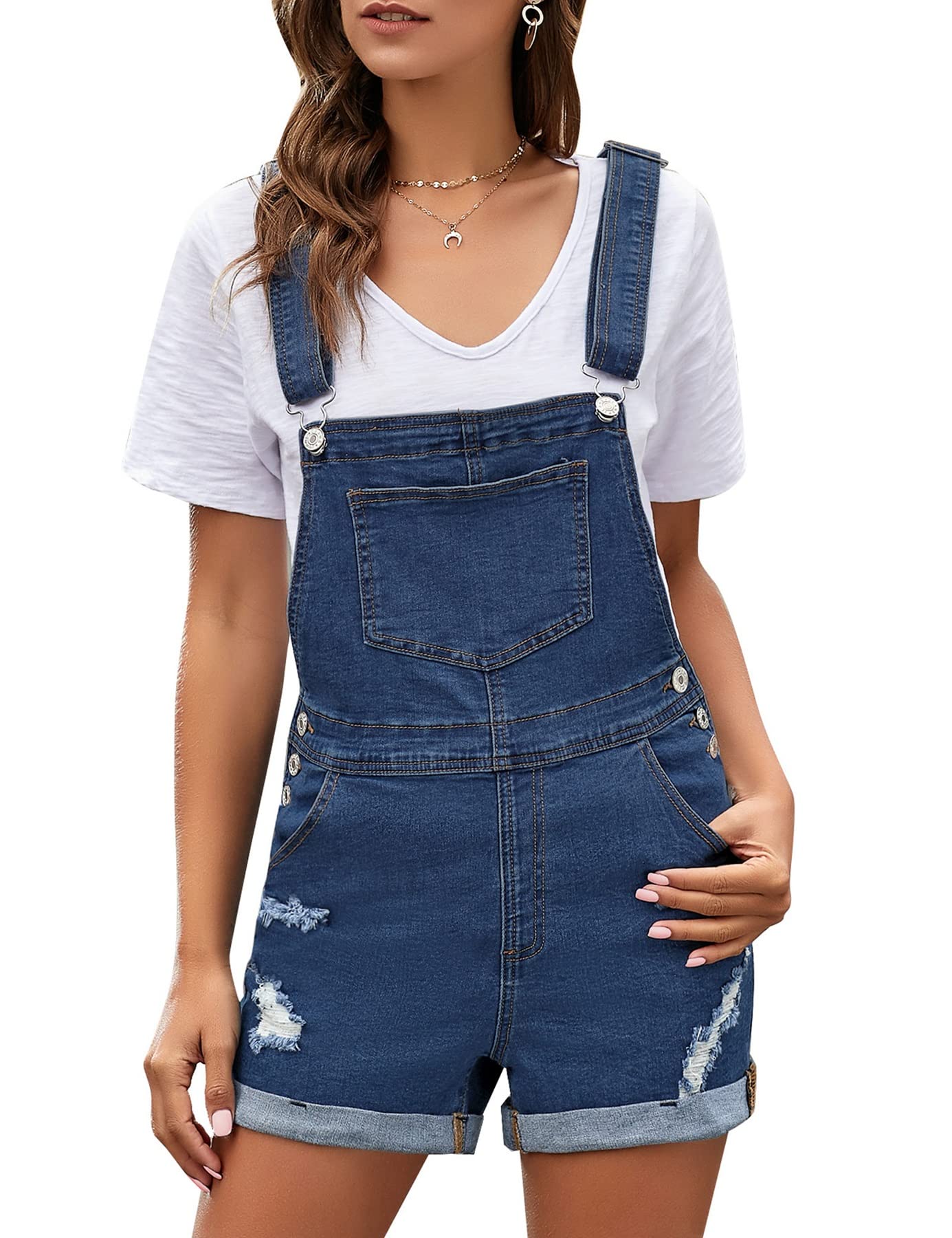 GRAPENT Women's Ripped Denim Shortalls - Adjustable Straps Bib Overalls Jean Shorts for Summer, Casual Wear, Music Festivals & Outdoor Activities