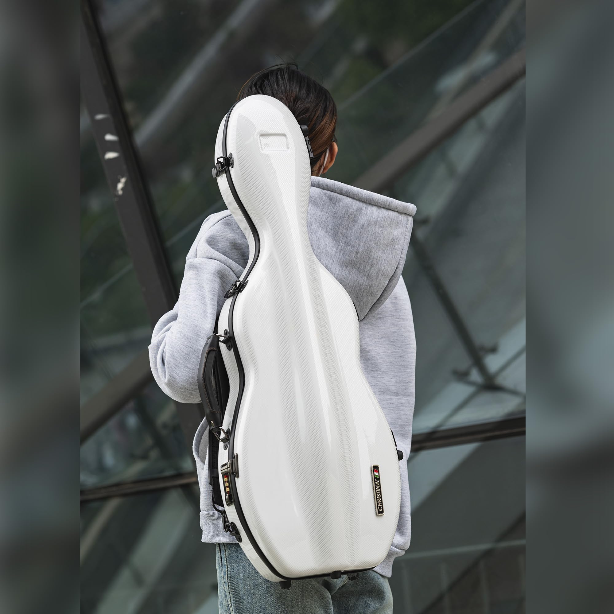 4/4 Full Size Christina Carbon Fiber Violin Case - High Strength Pear-Shaped Music Bag with Combination Lock & Extra Storage | White Hard Case for Professional Violinists | Perfect for School, Performances & Travel (VB-Random-WhiteDot)