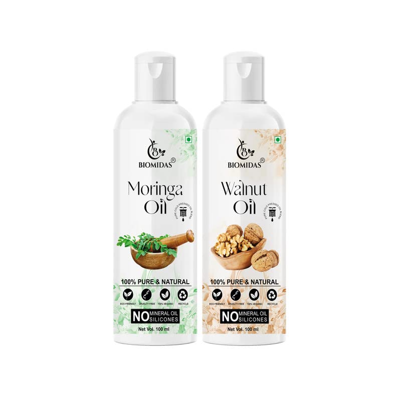 Biomidas 100% Pure Moringa Oil & Walnut Oil Combo (100ML Each) - Promotes Rapid Hair Growth, Reduces Hair Fall & Split Ends for Softer, Shinier Hair - Natural Hair Care Treatment for Dry, Damaged Hair - Perfect for Daily Hair Nourishment & Scalp Massage