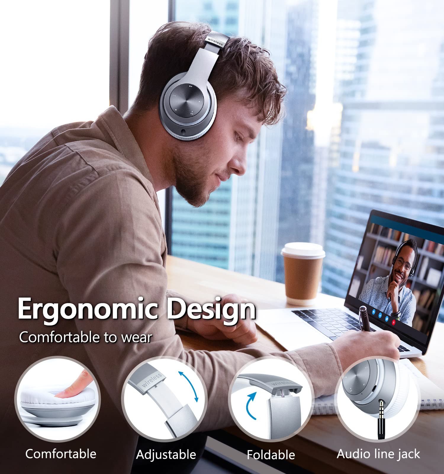 Wireless Bluetooth Headphones with 60-Hour Playtime, Foldable Lightweight Over-Ear Design, Hi-Fi Stereo & 6 EQ Modes - Deep Bass Adjustable Headset with Built-in Mic, FM Radio & TF Card Slot for Adults - Perfect for Travel, Workouts & Home Entertainment