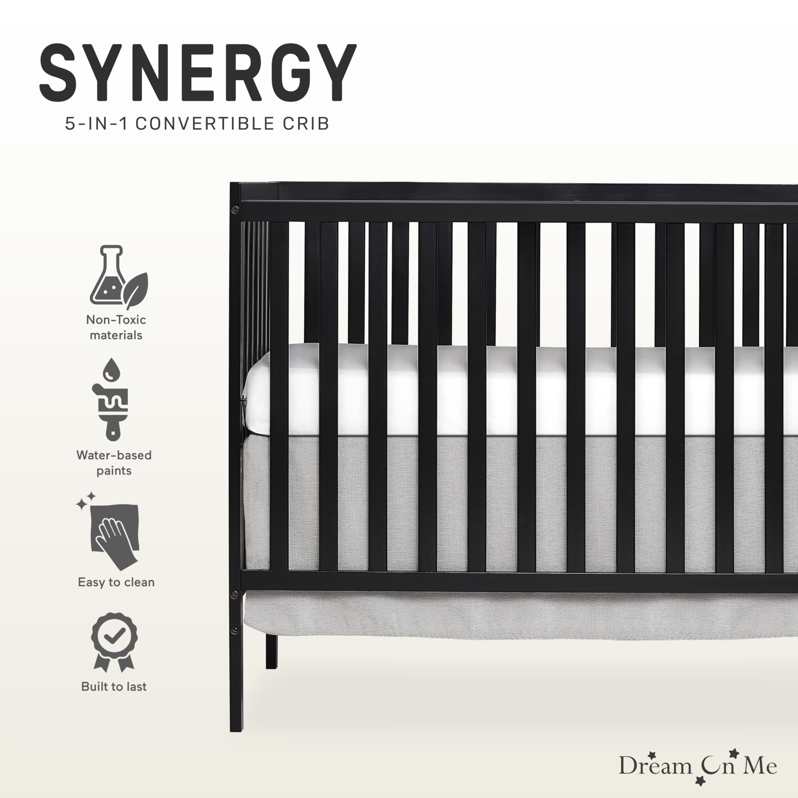 Dream On Me Synergy 5-in-1 Convertible Crib - Black | JPMA & Greenguard Gold Certified | Solid Reclaimed New Zealand Pine Wood | 3 Adjustable Mattress Heights | Nursery & Toddler Bedroom Essential
