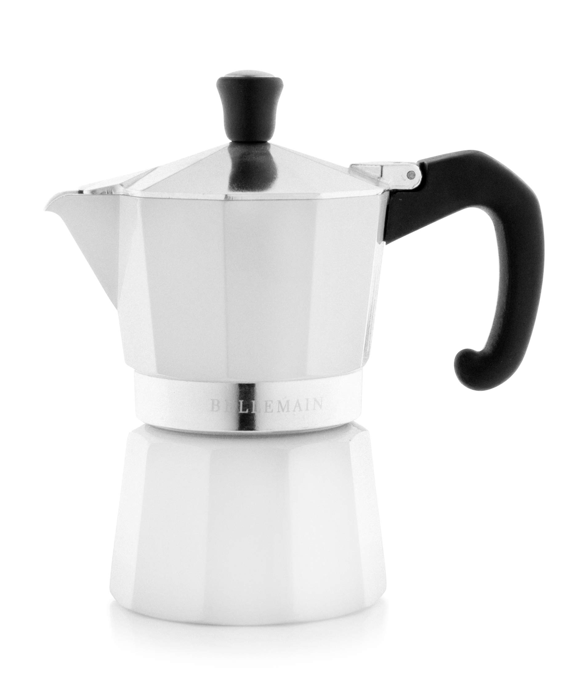 Bellemain Stovetop Espresso Maker Moka Pot - 3 Cup Italian Coffee Maker for Home & Office, Durable Aluminum Stove Top Coffee Brewing with Classic White Design - Perfect for Espresso, Latte & Cappuccino