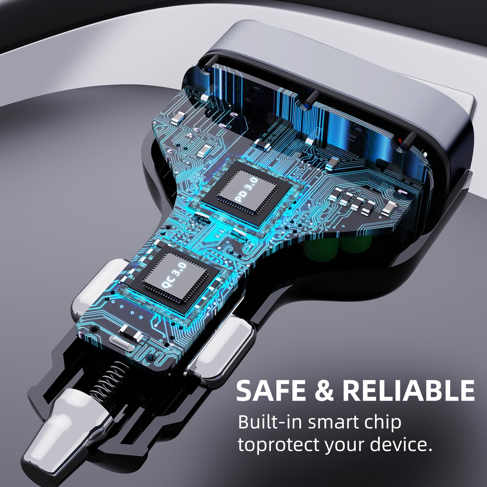 SUNDAREE 4-Port USB C Fast Car Charger with AC Outlet - 18W QC & 30W PD Car Phone Charger Adapter - Includes 3.3FT USB-A to USB-C Cable - Compatible with iPhone 16/15/14 Pro/Max, Samsung Galaxy S24 & More - Perfect for Road Trips & Multi-Device Charging On-The-Go