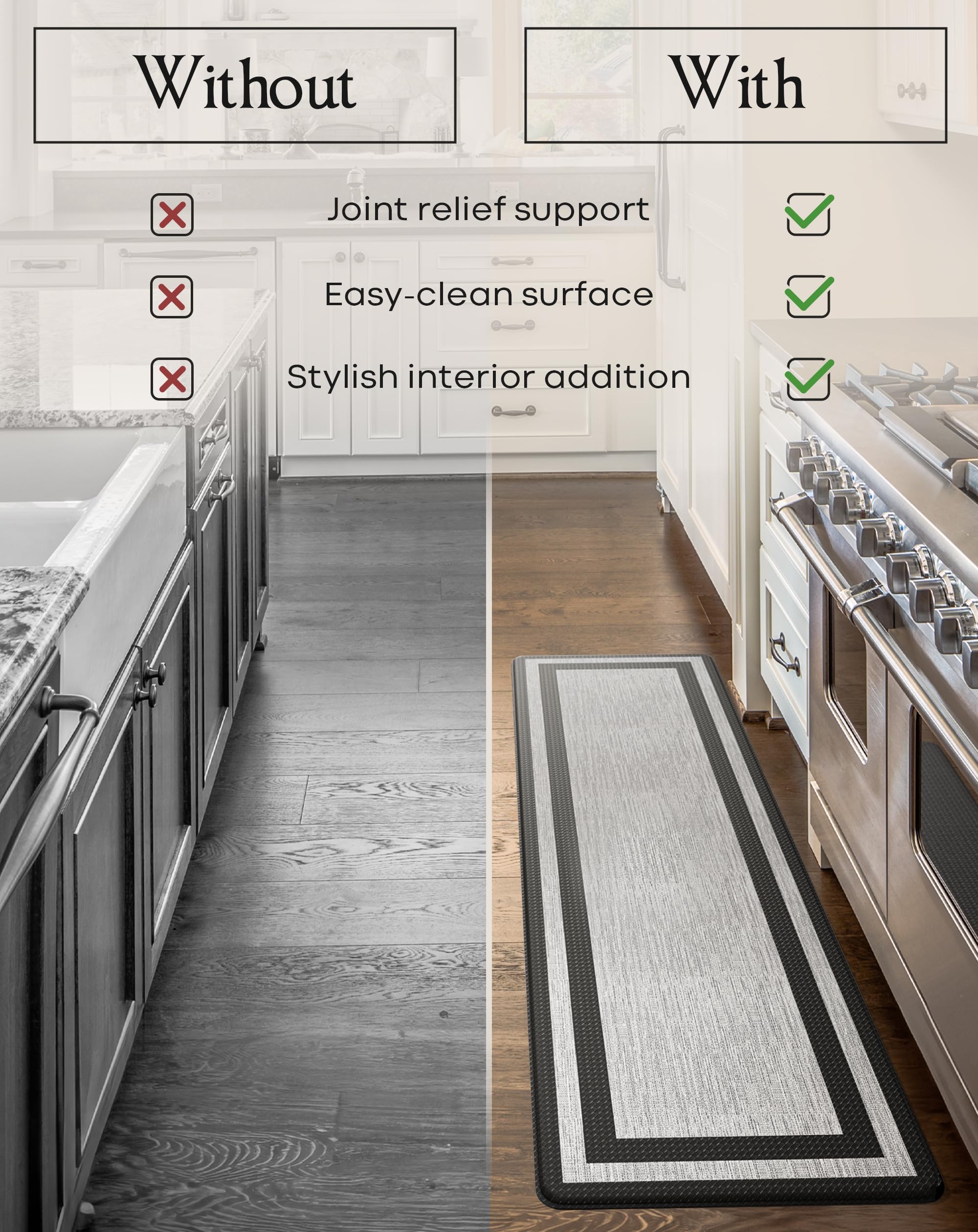 Homergy Anti-Fatigue Kitchen Floor Mats (2-Pack) - Memory Foam Cushioned Standing Mats for Office, Home & Laundry Room - Waterproof, Ergonomic Design (17.3×30.3 & 17.3×59 Inches, Black) - Perfect for Cooking, Dishwashing & Long Work Hours