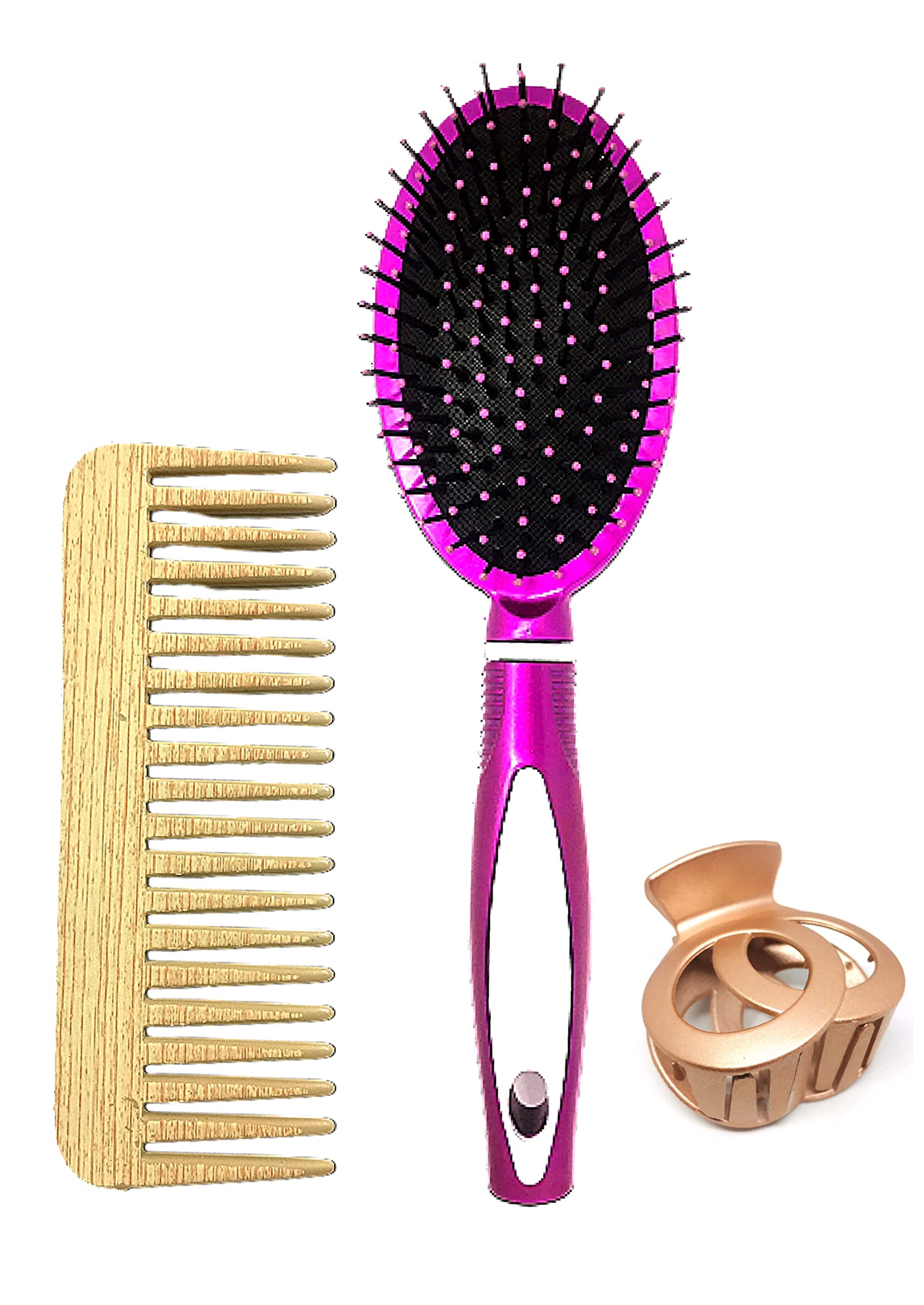 BigBro Hair Styling Kit - Wooden Oval Cushion Brush, Wide Tooth Comb & Hair Clutch (3-Piece Set) for Women & Girls - Perfect for Detangling, Styling & Updos at Home or Salon