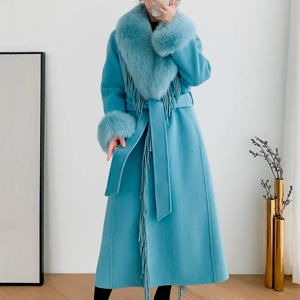 Luxury Women's Real Fur Winter Coat - Cashmere Wool Blend Jacket with Fox Fur Collar, Long Tassel Design, Warm Streetwear Outerwear for Winter Fashion, Parties & Cold Weather Protection