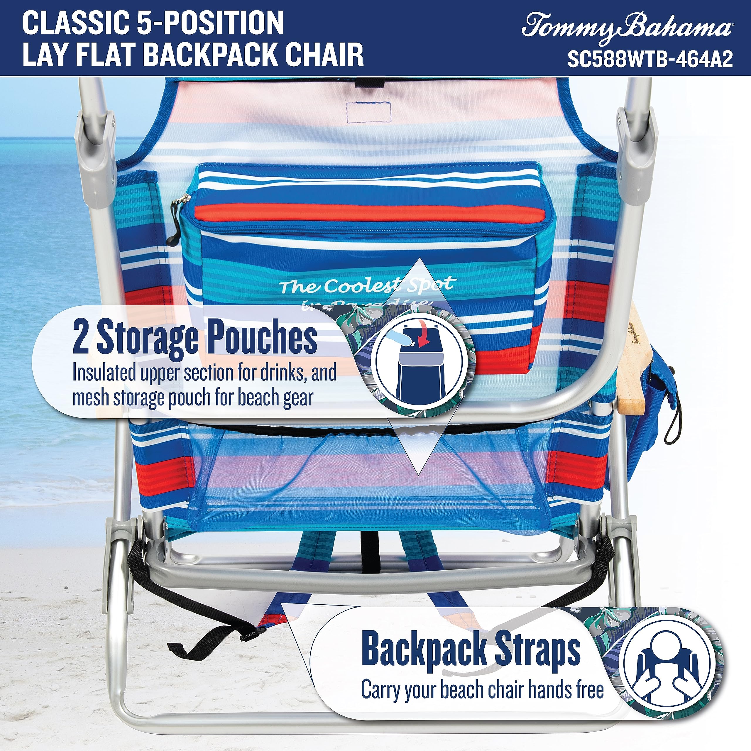 Tommy Bahama 2-Pack 5-Position Reclining Beach Chairs with Built-in Cooler, Storage Pouch & Towel Bar - Red White Blue Stripe | Perfect for Poolside Relaxation, Backyard Lounging & Beach Vacations
