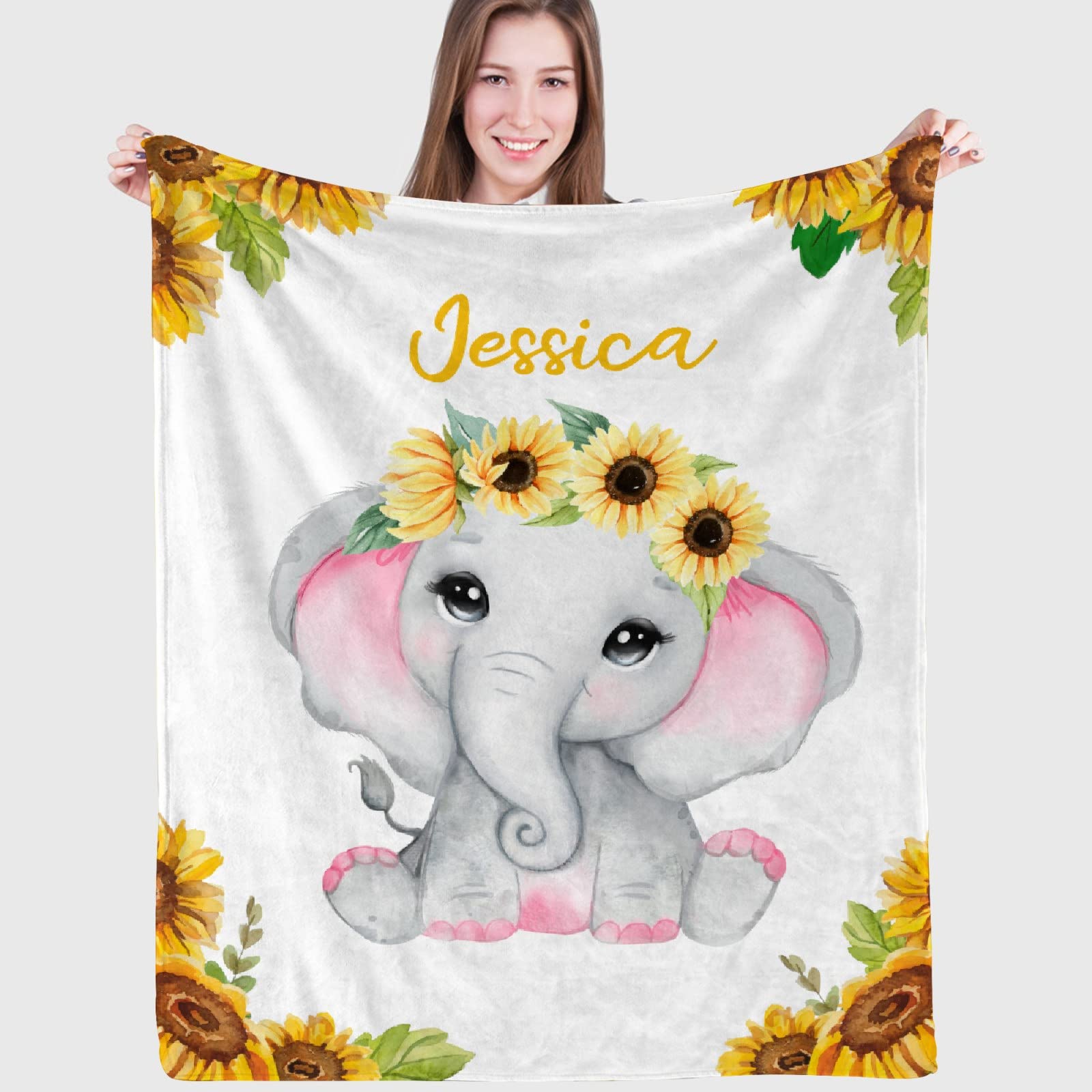 Personalized Baby Blanket with Name - Sunflower Elephant Design Fleece Flannel Blanket for Girls & Boys | Custom Baby Shower Gift, Birthday Present for Daughter & Granddaughter | Extra Large 120x90 Inch | Perfect for Nursery, Family Photos & Cozy Moments