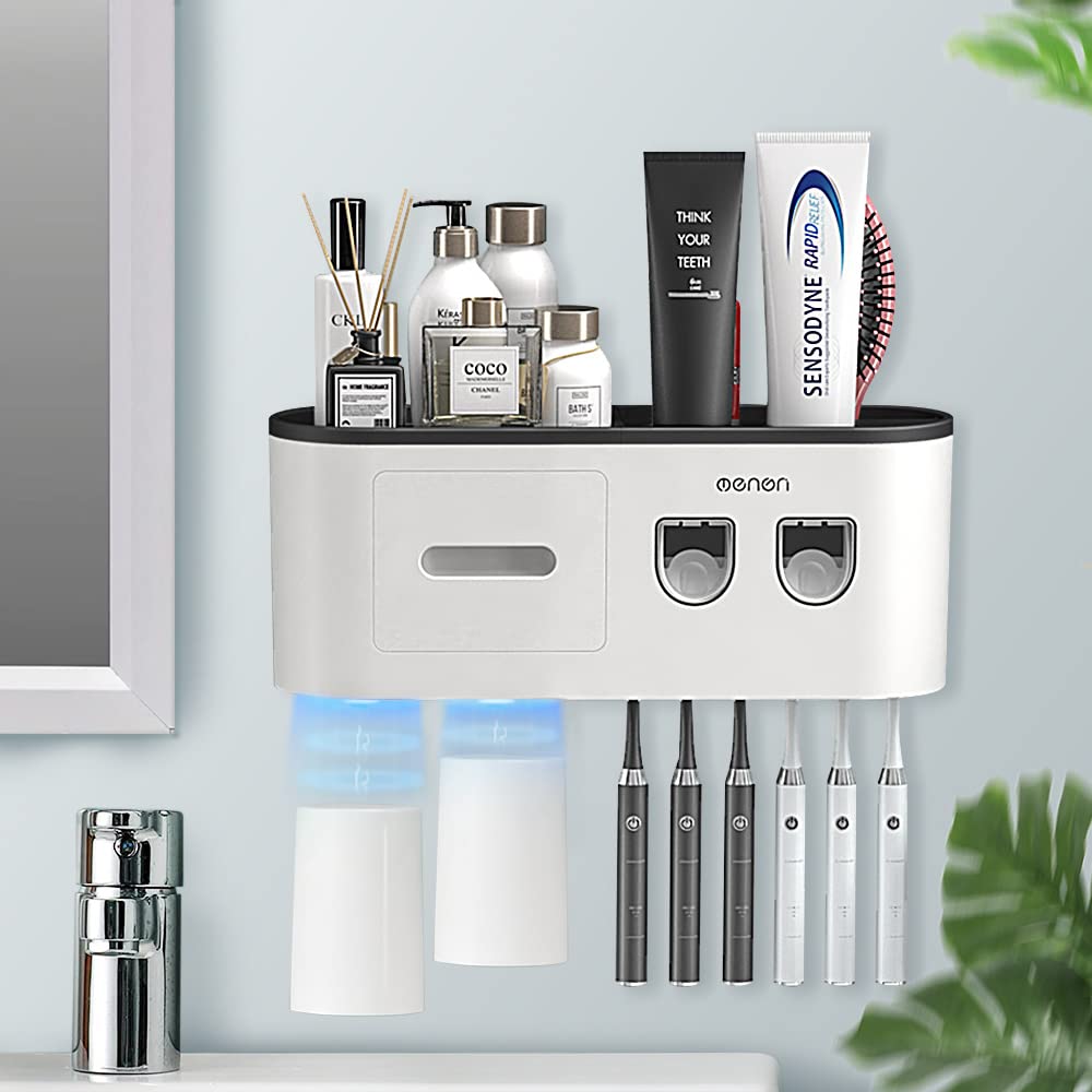 Wall Mounted Toothbrush Holder with Automatic Toothpaste Dispenser - 6 Brush Slots, 2 Magnetic Cups, Cosmetic Drawer & Large Storage Tray - Perfect for Bathroom Organization and Space Saving
